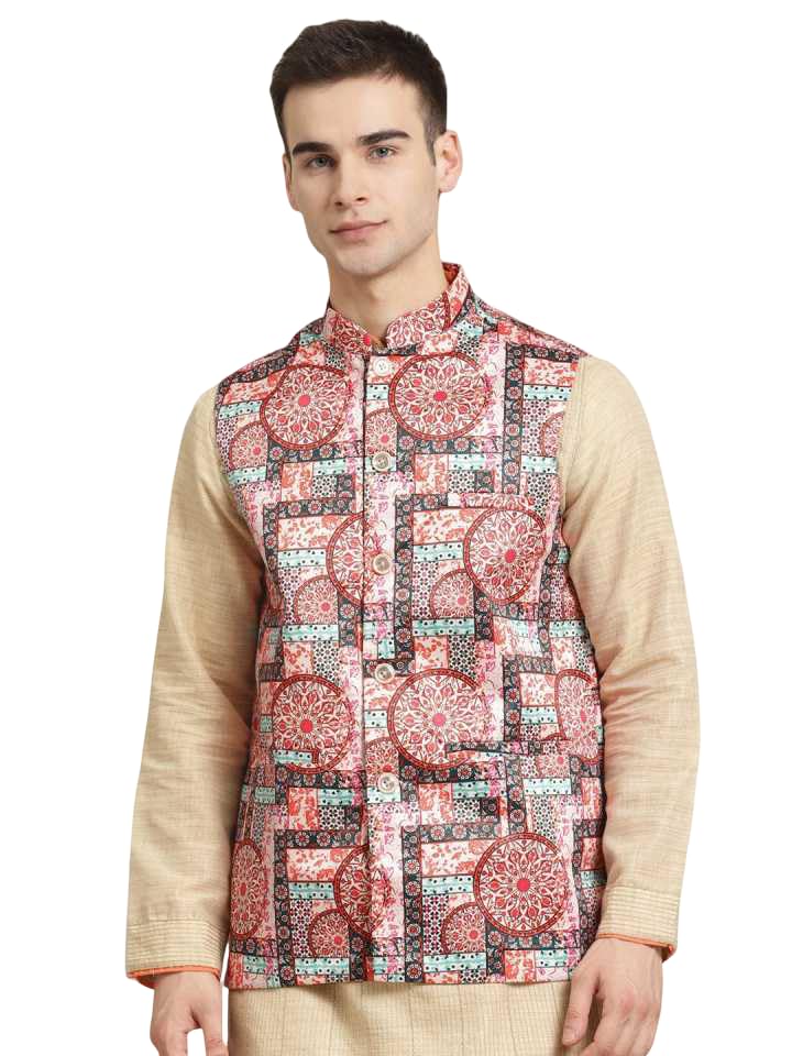 jompers Ethnic Printed Nehru Jacket for Men (Red, M)-picture-18