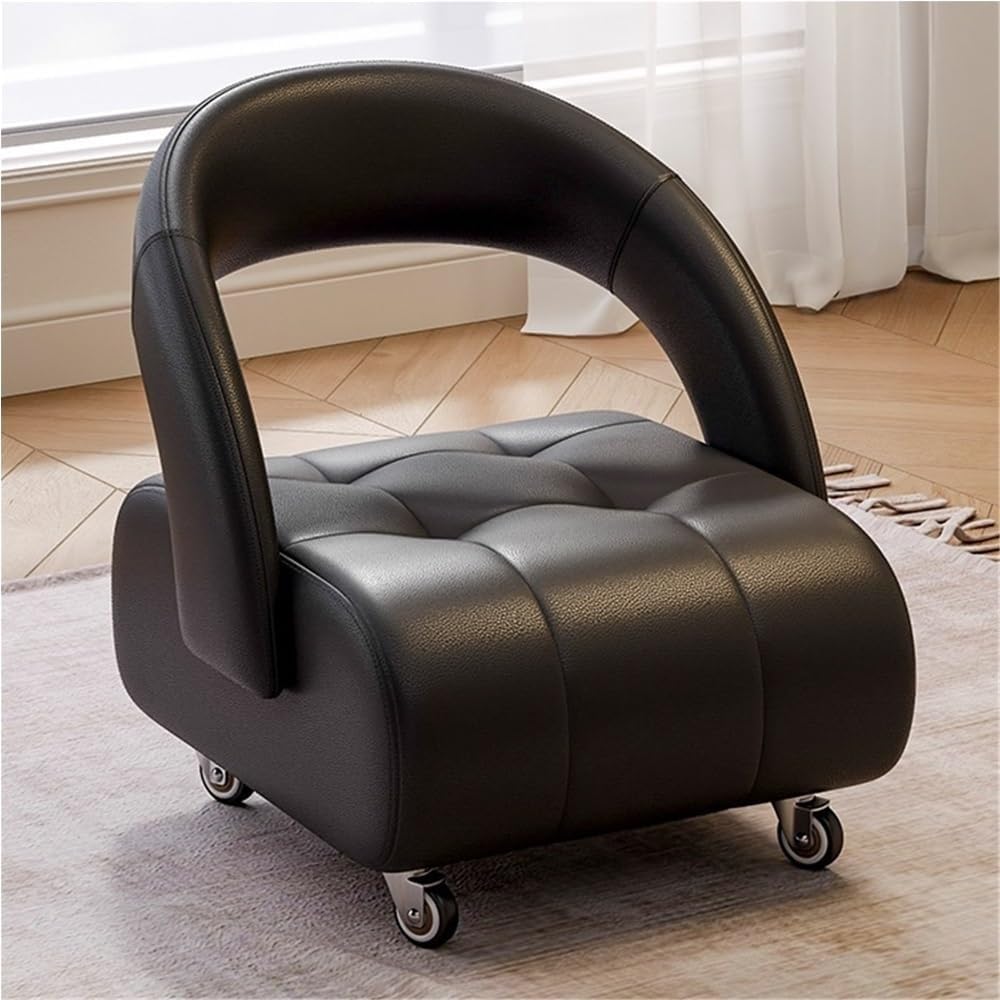 Low Rolling Stool, Mobile Pedicure Chair with Wheels, Short Step Stool with Backrest, Faux Leather Cushion Roller Seat for Bedroom, Living Room(Black)