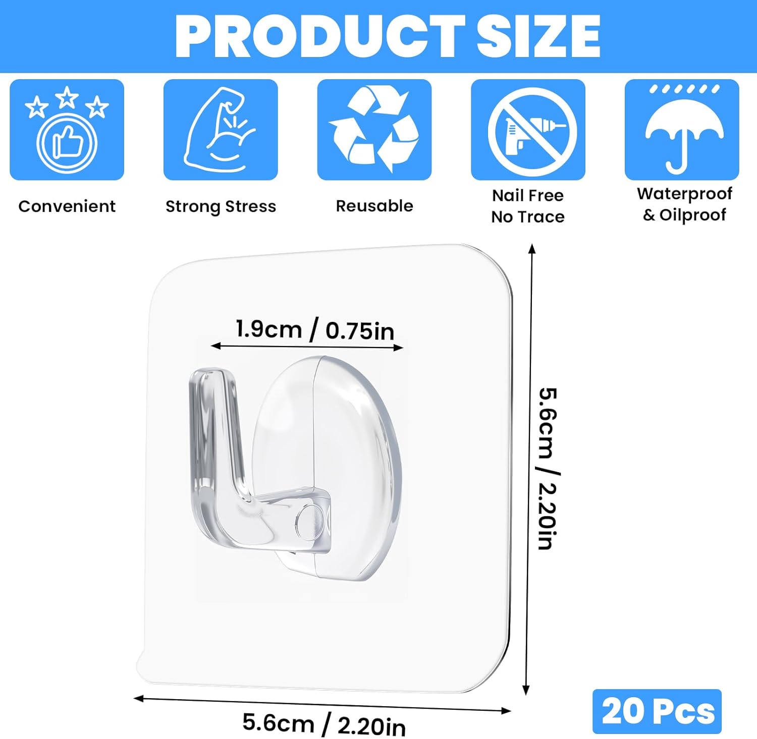 20PCS Self Adhesive Hooks for Hanging, Wall Hooks Transparent Waterproof Sticky Hook for Keys, Bathroom, Shower, Outdoor, Kitchen, Door, Home Improvement, Utility