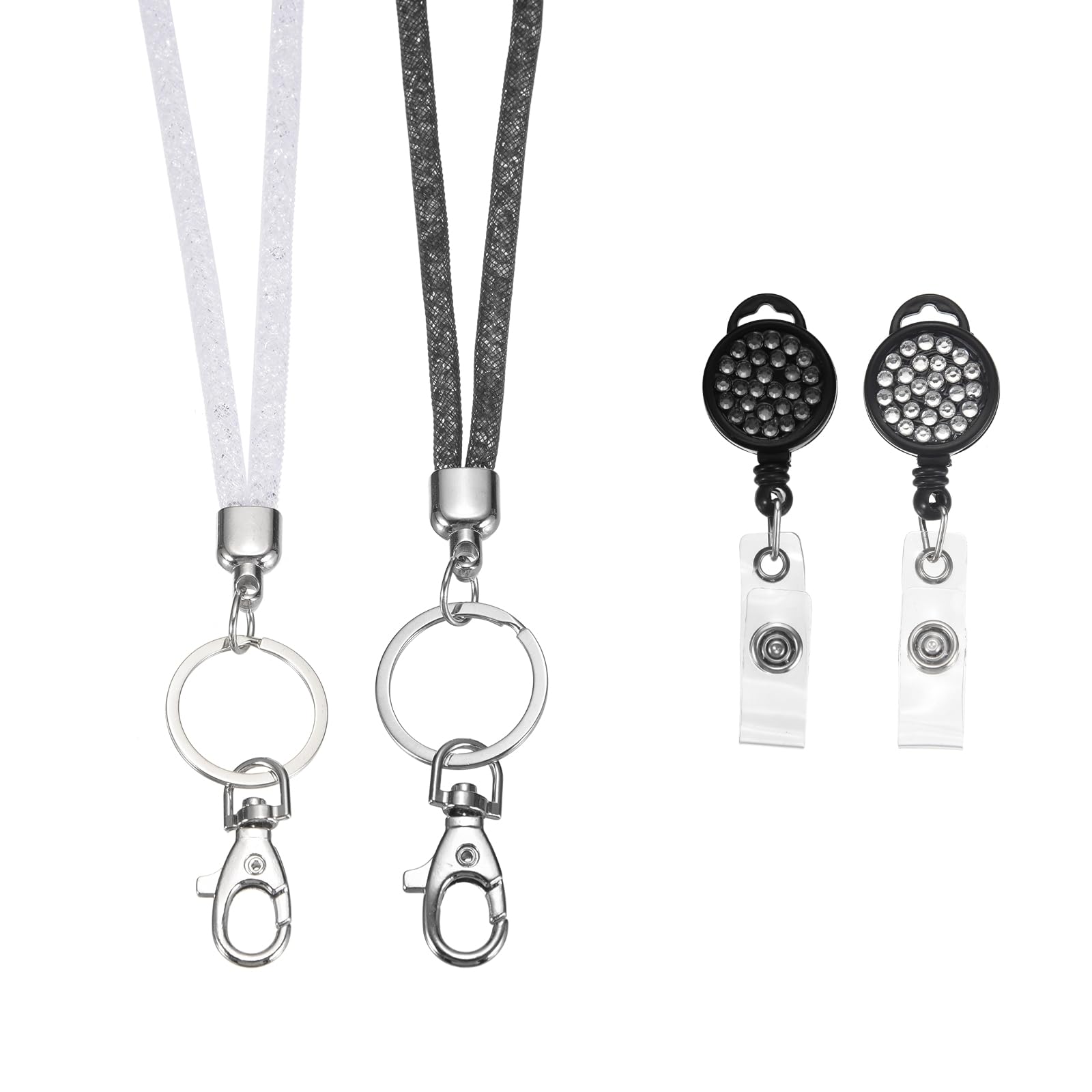 PATIKIL Rhinestones Lanyard for Women, 2 Pcs Sparkly Neck Lanyard Bling Keychain ID Holder with Retractable Badge Reel and Keyring for ID Card, Work Name Card, Black/White
