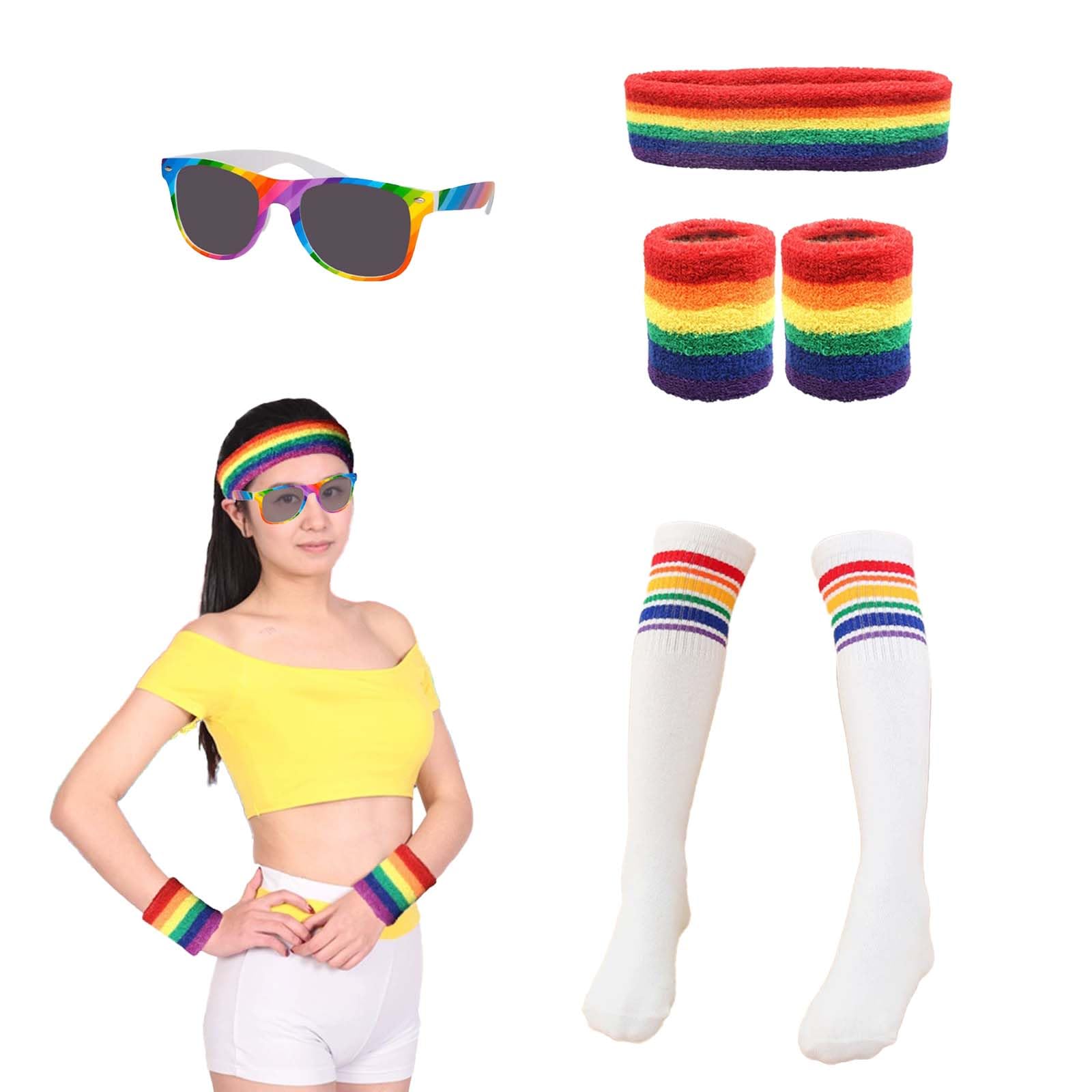 Accessori Pride Set Arcobaleno: Fascia Capo, Polsini, Occhiali e Calze Rainbow - Completo di Supporto e Colore - Unisex, Taglia Unica,Gay Pride Gadget LGBT Set