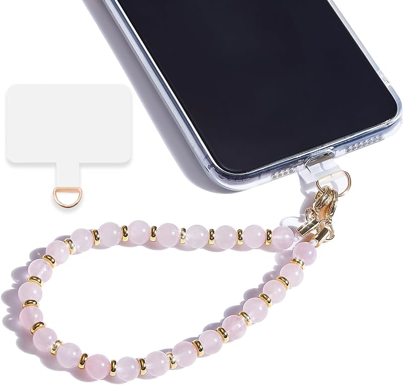 Correa de muñeca para teléfono con cuentas de mármol para mujer, diseño desmontable | Núcleo de acero 304, pulsera para teléfono desmontable con pestaña de sujeción, mantiene su teléfono seguro para compras, viajes y uso diario.