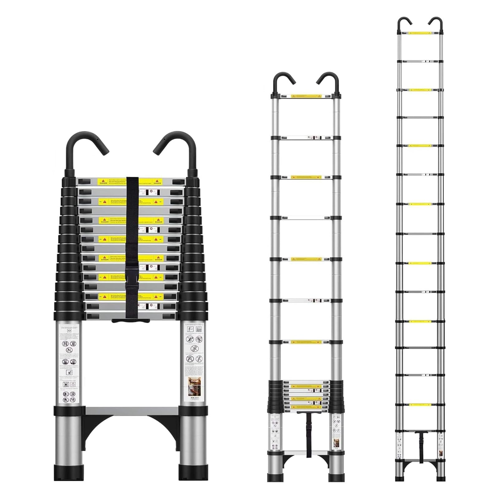 15.5FT Telescoping Aluminum Extension Ladder With Hooks & 2 Triangle Stabilizers - 330lbs Capacity, Non-Slip Feet, Collapsible for Home, Outdoor Work - Silvery