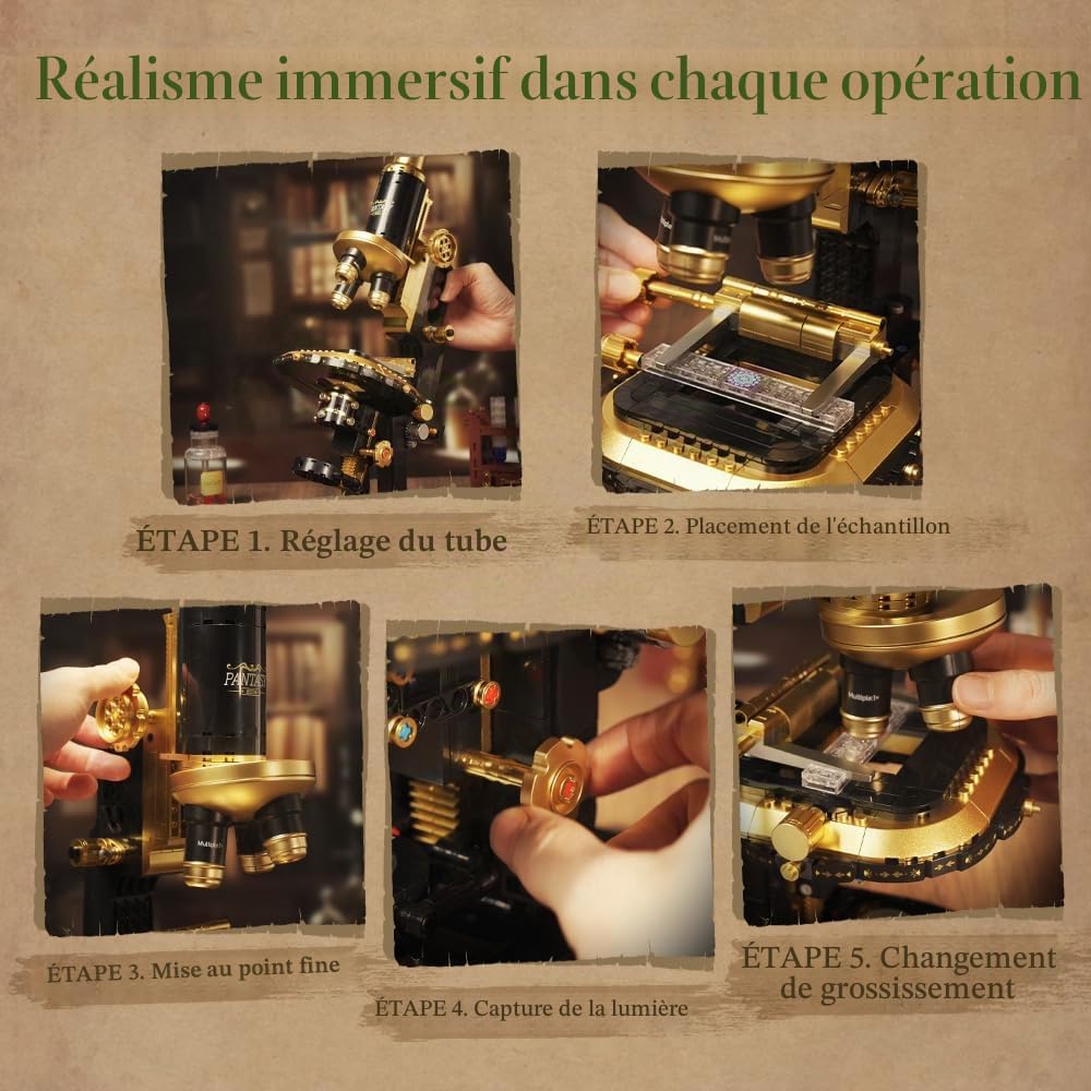 PANTASY Kit de construction de microscope rétro pour adultes, modèle d'instrument scientifique antique avec design mécanique, finition en laiton et accessoires de laboratoire, ensemble de briques de