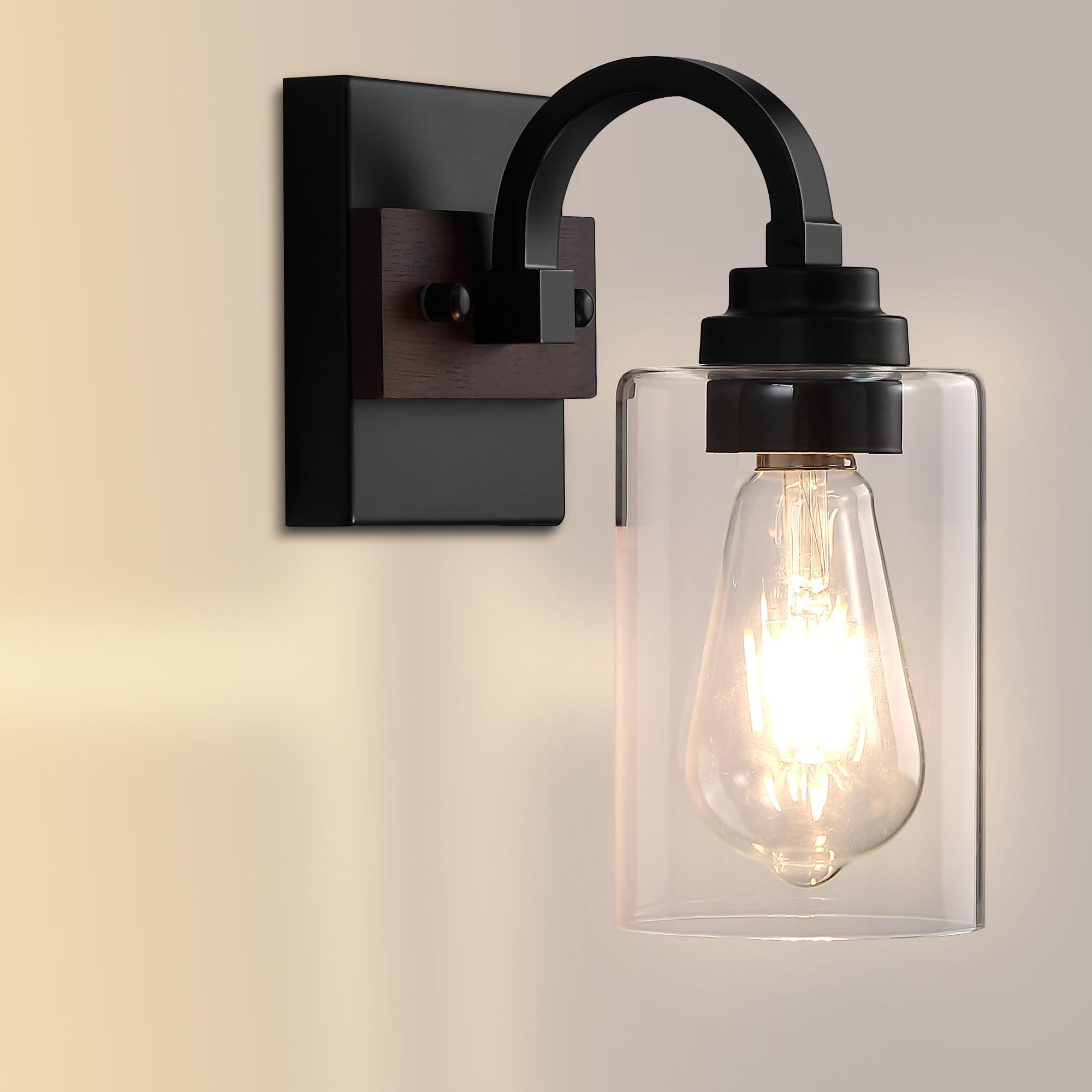 1-Light Black Wall Sconces Farmhouse Vanity Light Fixtures for Bathroom Wood Wall Lighting with Clear Glass Shade Wall