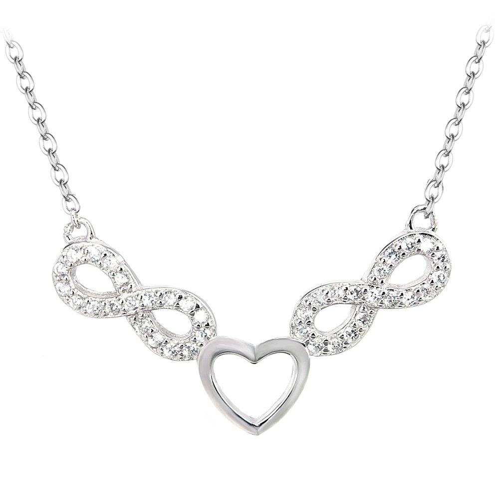 BiBeary Women elegant 925 Sterling Silver Zirconia CZ double 8 infinity Heart Love Chain Pendant Necklace clear