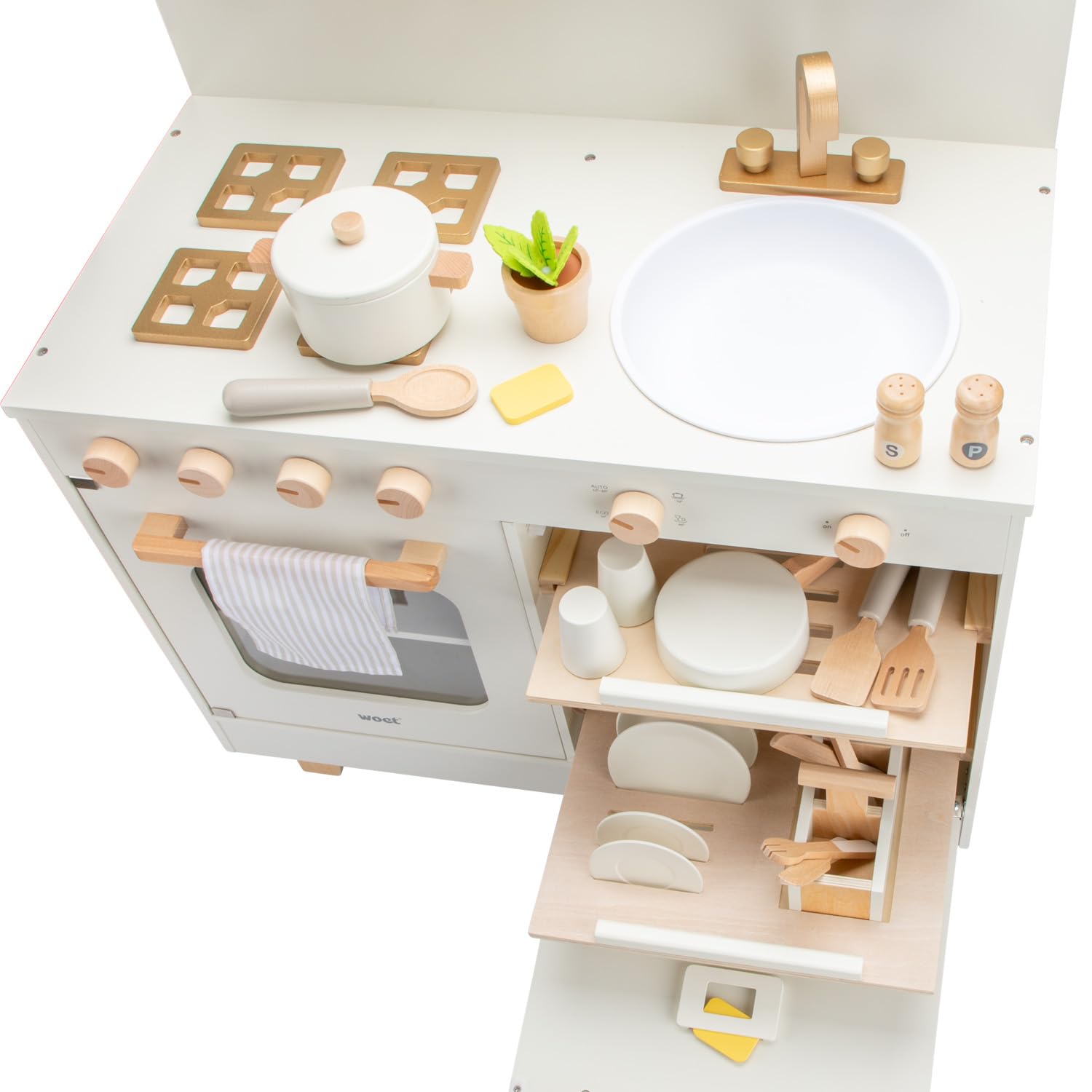 Woet® Cucina Giocattolo in Legno con Lavastoviglie per Bambini - Forno, Lavandino e 23 Accessori - Set Chef di Imitazione - Dai 3 Anni in Su