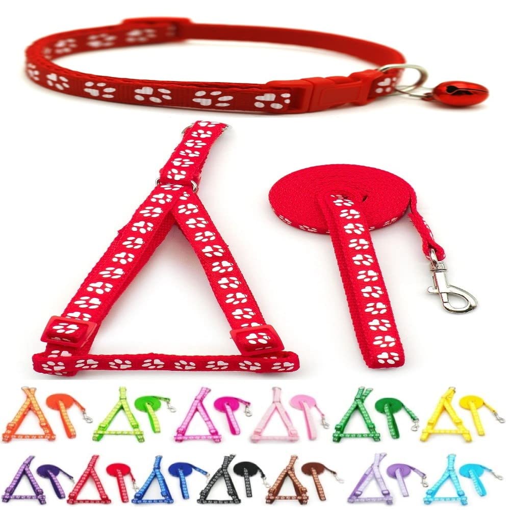 Small Dog Puppy Pet Collar Harness and Lead 3 Piece Set Pawprint Design Nylon Adjustable Neck Size 19-32cm and Chest Size 21-34cm with 120cm Leash Red