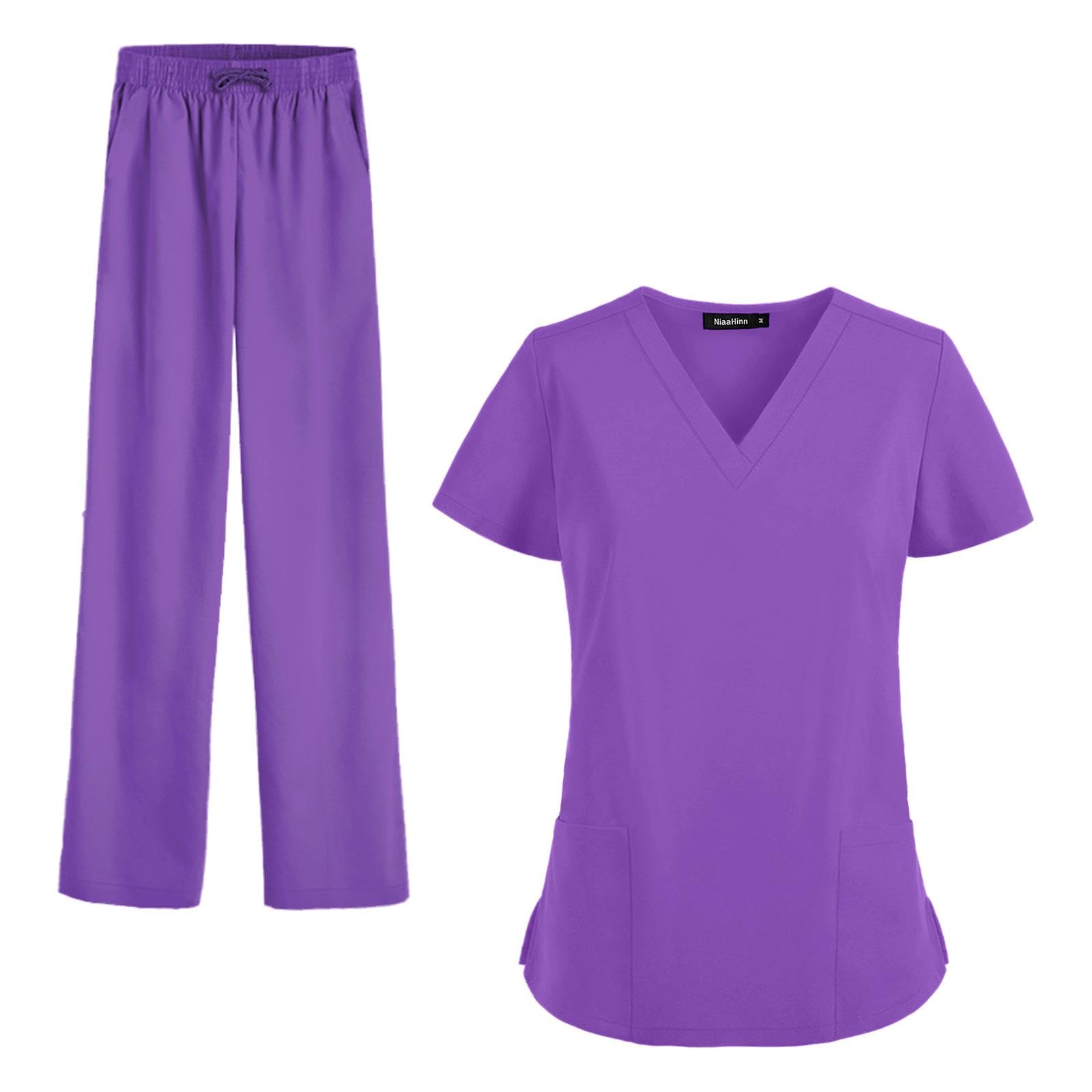 Oshhni Frauen Scrubs Sets Arbeitskleidung Kleidung Dünne Krankenpflegeuniformen Set Kurzarm für Skin Manage Cosmetology Beauty Spa Center, violett, xxL