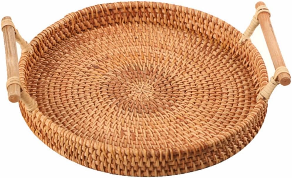 NUOBESTY Handmade round Vine Woven Fruit Plate Bread Organizer Storage Basket for Home Kitchen Dining Table Snack Holder
