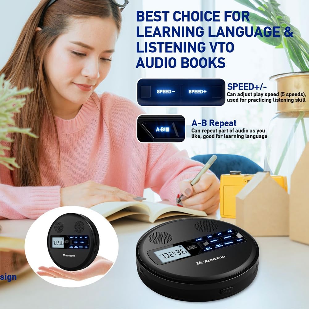 Reproductor de CD Discman Multifuncional con Bluetooth, FM, Auriculares, Repetidor, Máquina de Aprendizaje y Altavoz Estéreo USB Negro.