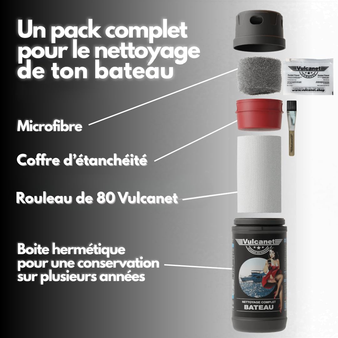 Vulcanet Nettoyant Non Polluant Sans Eau Pour Bateau + Microfibre + Pinceau + Kit Voyage Inclus - Dégraisse Protège Remet À Neuf - Encombrement mini - Transportable Partout, 80 Unités