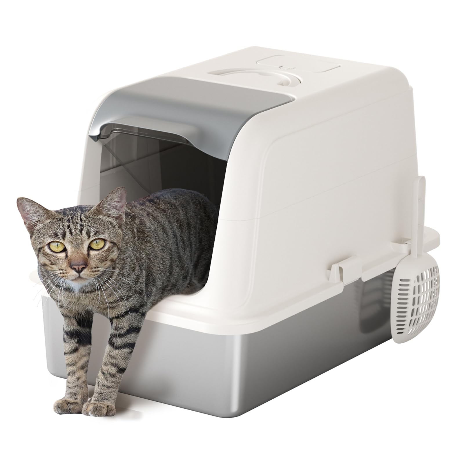 Enclosed Stainless Steel Cat Litter Box with Lid Extra Large Litter Box for Big Cats XL Metal Litter Pan Tray with High Wall Sides Enclosure, Non-Sticky, Anti-Leakage, Easy Cleaning