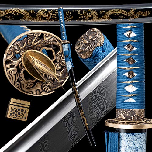 Battle Ready Katana,Full Tang Sword Katana,Authentic Samurai Sword,Damascus Steel,Japanese Katana,Dragon Tsuba