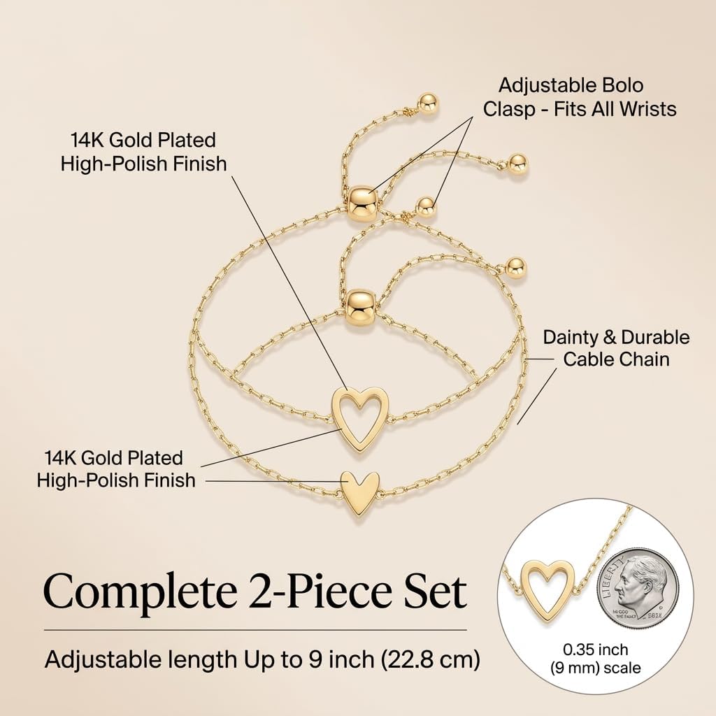 Matching Heart Bracelets for Best Friends Adjustable Bolo Slider Set with Heart Charms Dainty Jewelry Gift for Women Birthday
