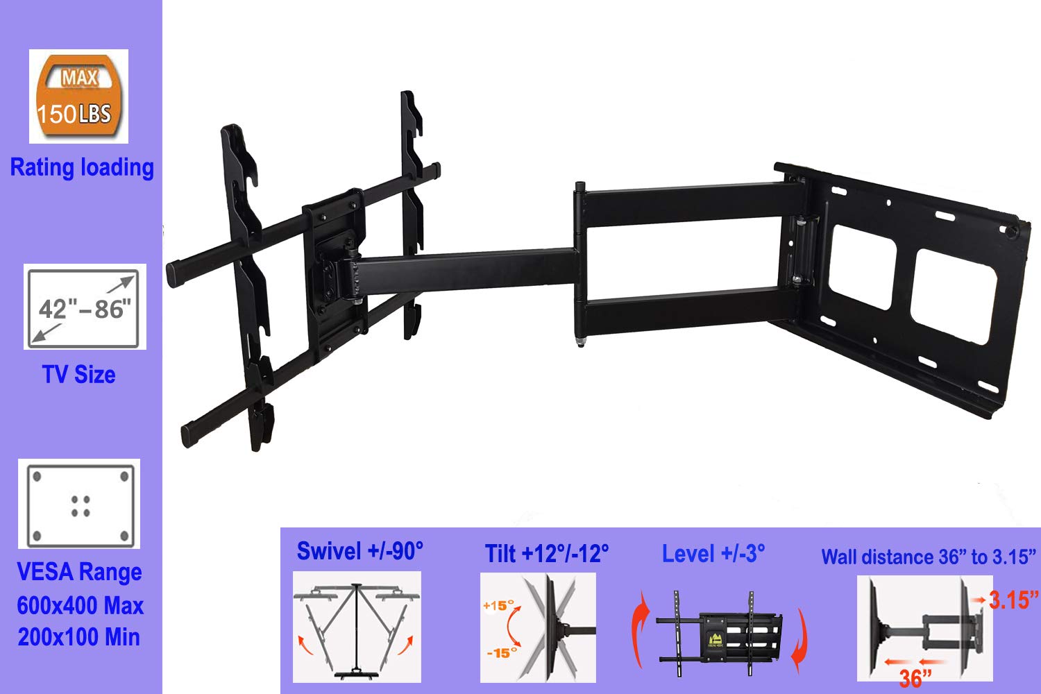 FORGING MOUNT Long Arm Corner TV Mount with Height Setting Full Motion TV Wall Mount with 36" Extends for Corner/Flat Installed Fits 42"-86" TVs,Holds 150lbs,VESA 600x400mm,Included HDMI Cable