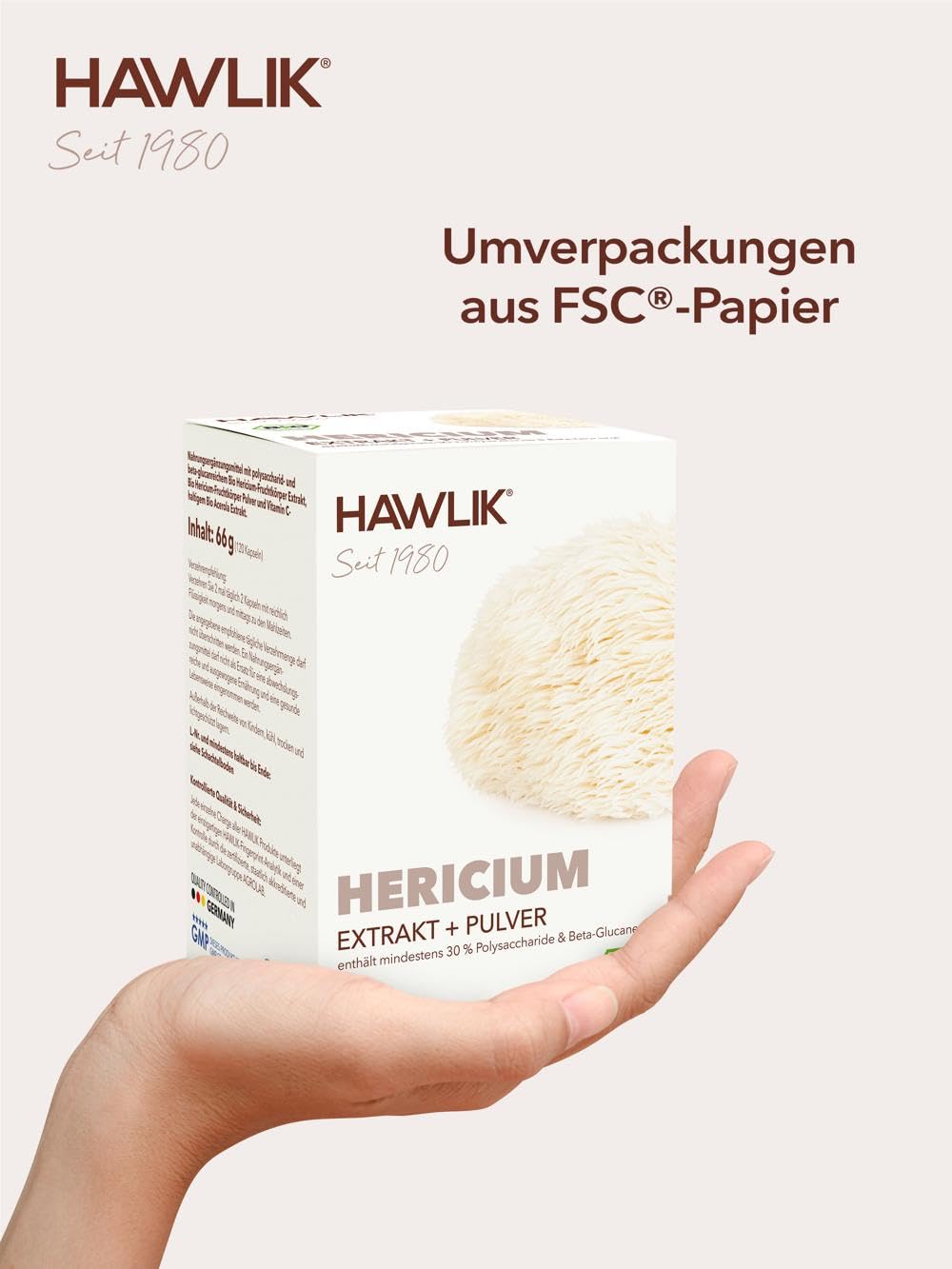 HAWLIK Vitalpilze Bio Hericium Extrakt + Pulver Kapseln - 120 Kapseln im Blister - Mit Vitamin C - Natürlicher Anbau - Vegan