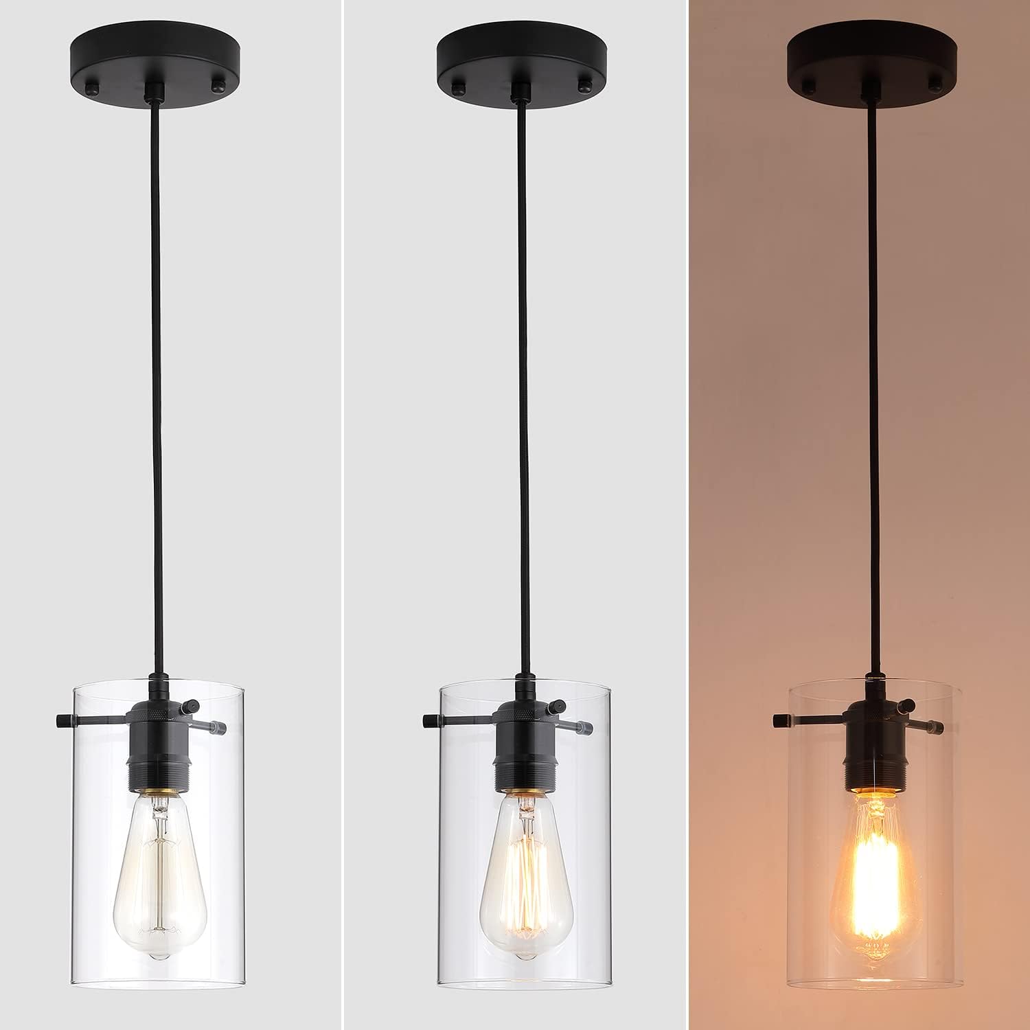 Industrial Transparent Pendant Light, Modern Small Cylindrical Glass Hanging Light Fixtures with Clear Lamp Shade, Adjustable Nylon Core Height Lighting for Kitchen Island 3 Packs(Bulb Not Included)
