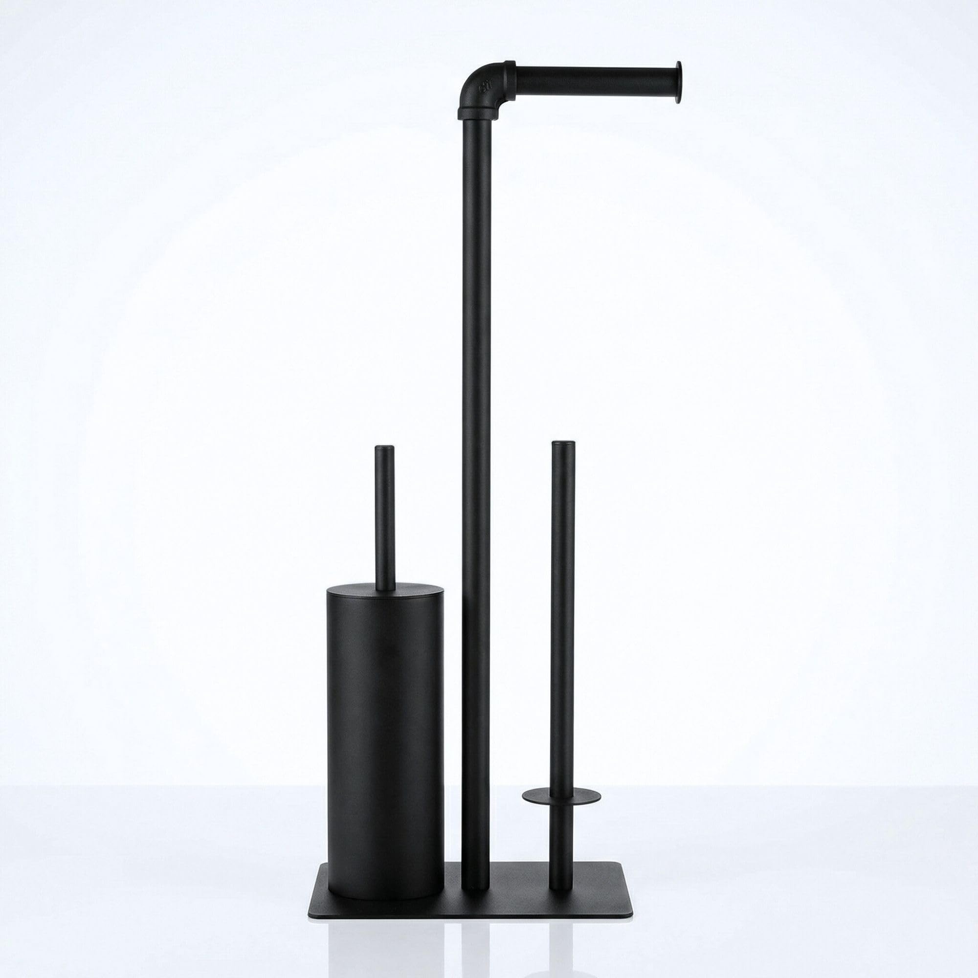 Piantana WC Palermo – Portarotolo Carta Igienica da Terra con Scopino Chiuso – Porta Scopino e Porta Carta in Metallo, Nero Moderno – Accessorio Bagno