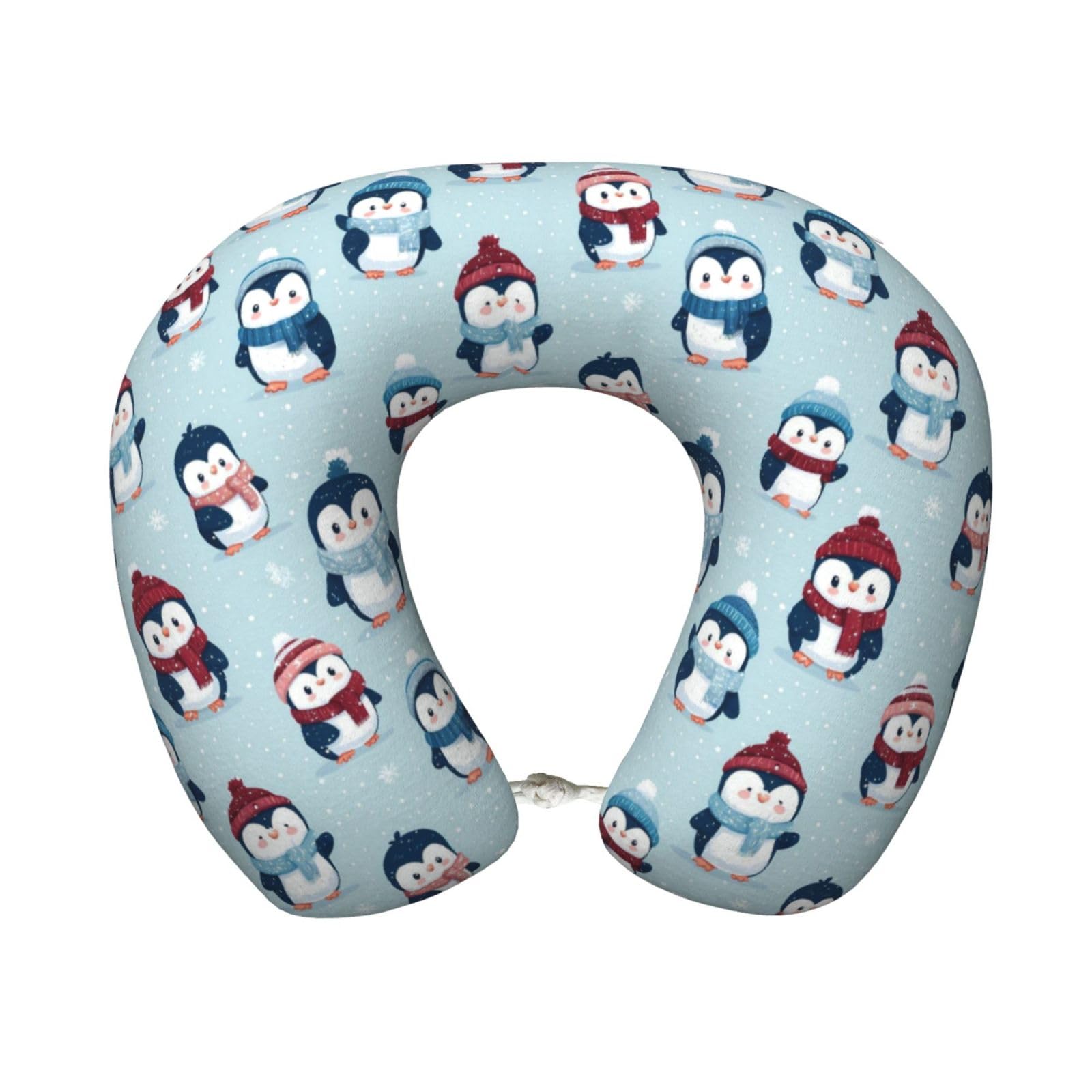 peiyeety Snow Penguin Print Travel Pillow Memory Foam, Portable Neck Pillow for Airplane, Car and Office