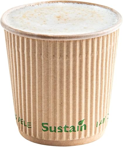 Sustain - Tazas calientes de 4 onzas, 500 tazas de café onduladas aisladas, las tapas se venden por separado, revestimiento de ácido poliláctico a