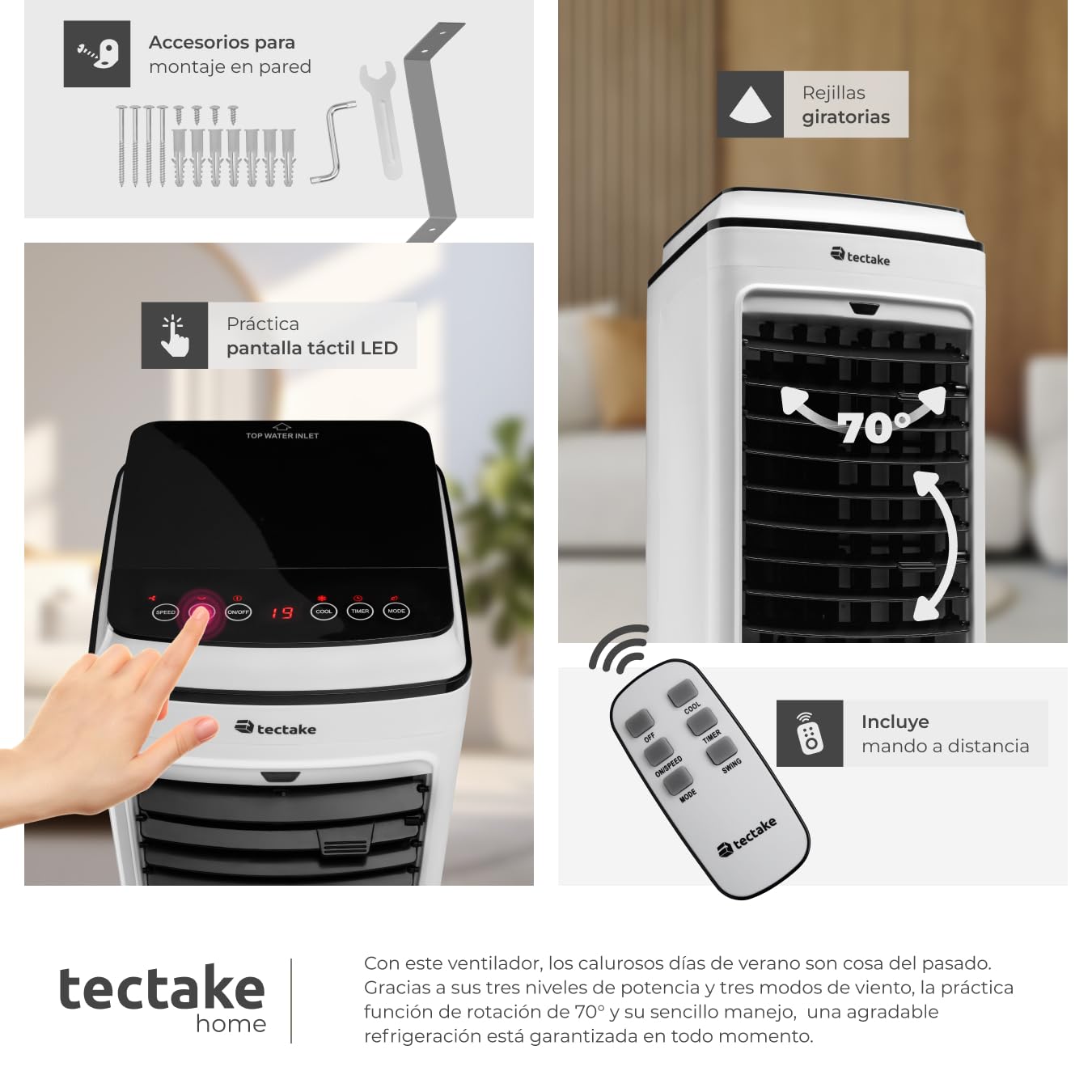 tectake® Climatizador Evaporativo, con Agua, Depósito con Indicador, Control Táctil LED, Mando a Distancia, Ventilador Silencioso, Ventilador Aire Frio - Blanco
