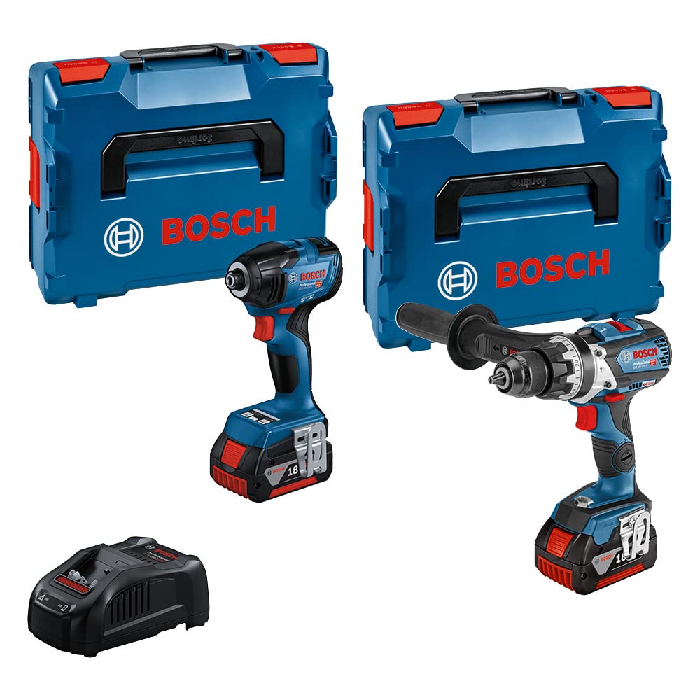 Bosch Professional 18V System combi-kit : Perceuse-visseuse à percussion GSB 18V-110 C + visseuse à chocs GDR 18V-210 C (avec 2 batteries 5,0 Ah, chargeur GAL 1880 CV, L-BOXX)