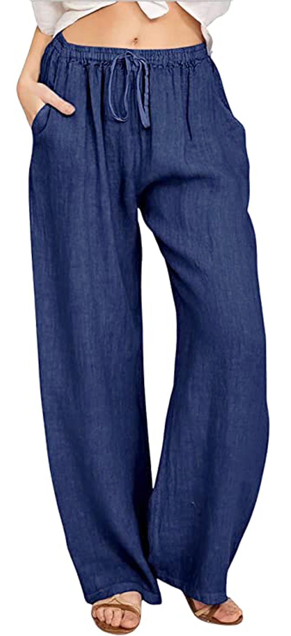 loveimgs Womens Casual Wide Leg Elastic Waist Loose Lightweight Summer Linen Beach Pants Drawstring