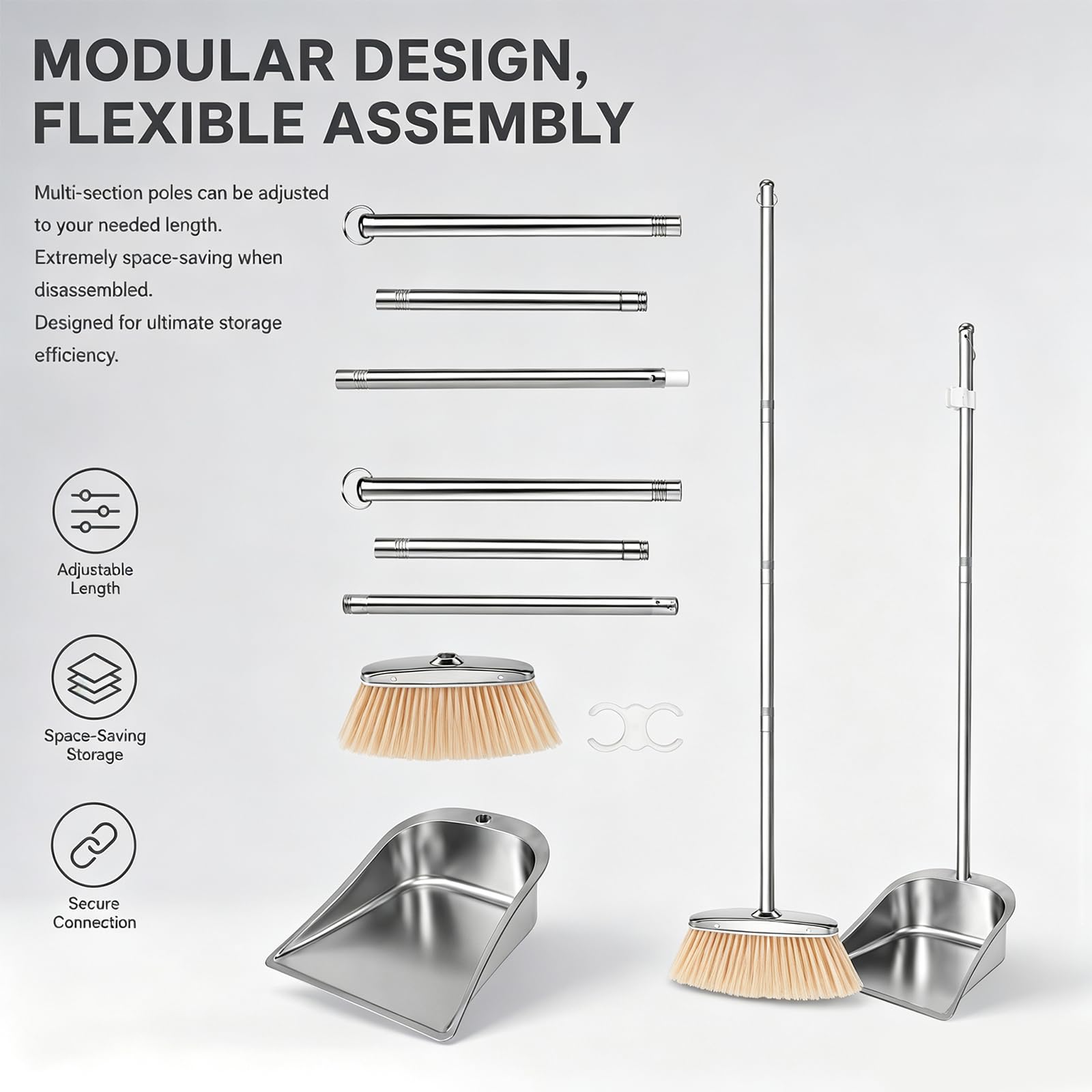 RANJIMA Juego de escoba y recogedor, 118 cm, de acero inoxidable, con pala, ajustable, de alta eficiencia, con pala para el hogar, cocina, oficina, calle