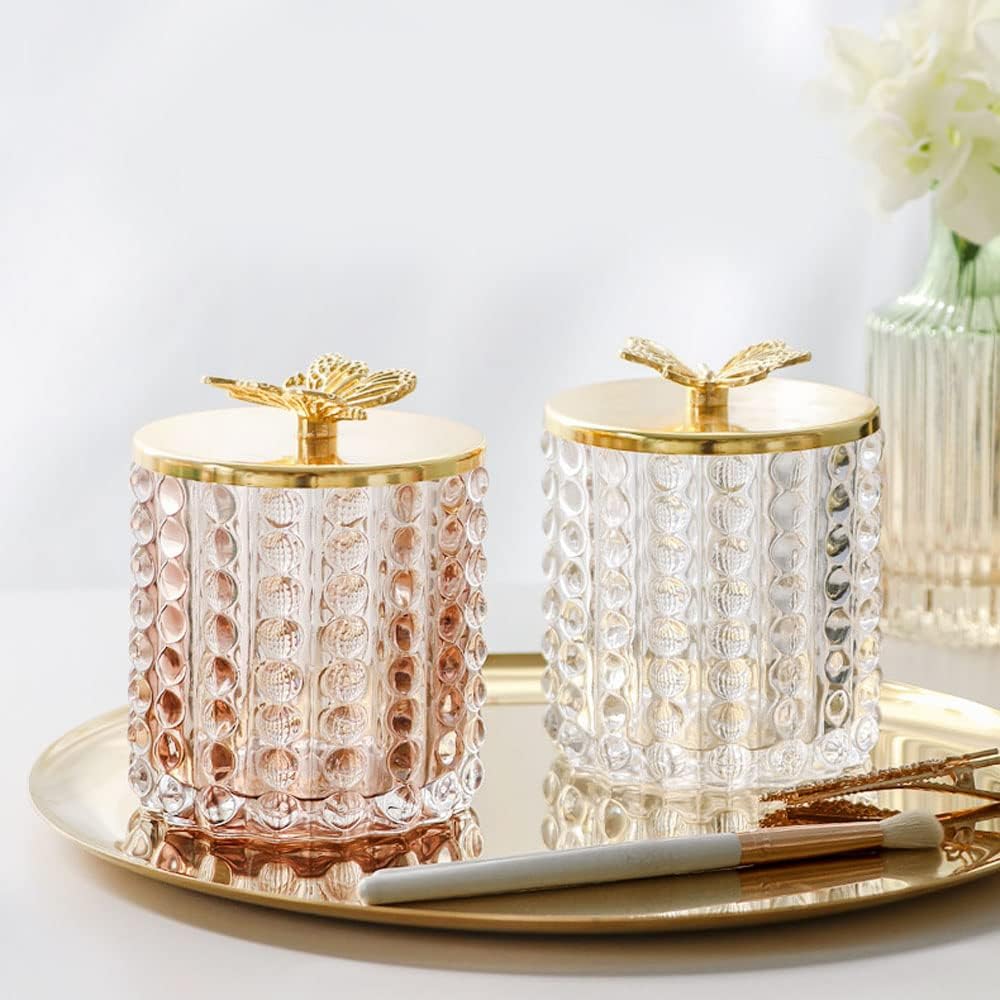 Polka Dot Clear Glass Storage Jar Candy Jar Jewelry Box Swab Box with Gold Butterfly Lid