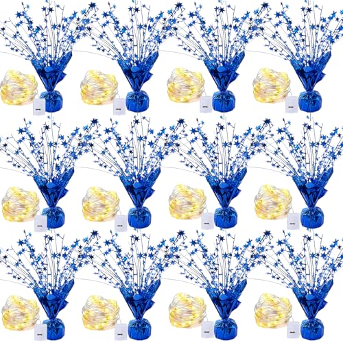 12 Pack Metallic Foil Spray Centerpiece with LED String Lights Star Table Decoration Burst Table Centerpieces for Birthday Graduation Wedding Anniversary Holiday Party Supplies Decor, Blue
