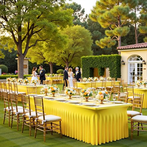 Image of 3 Pack Yellow Spandex Tablecloth for 6 Foot Rectangle Tables, Wrinkle Free Fitted Table Cloth Cover 6ft Yellow Stretchy Tablecloths with Skirt for Parties Weddings Birthday Banquet Baby Shower