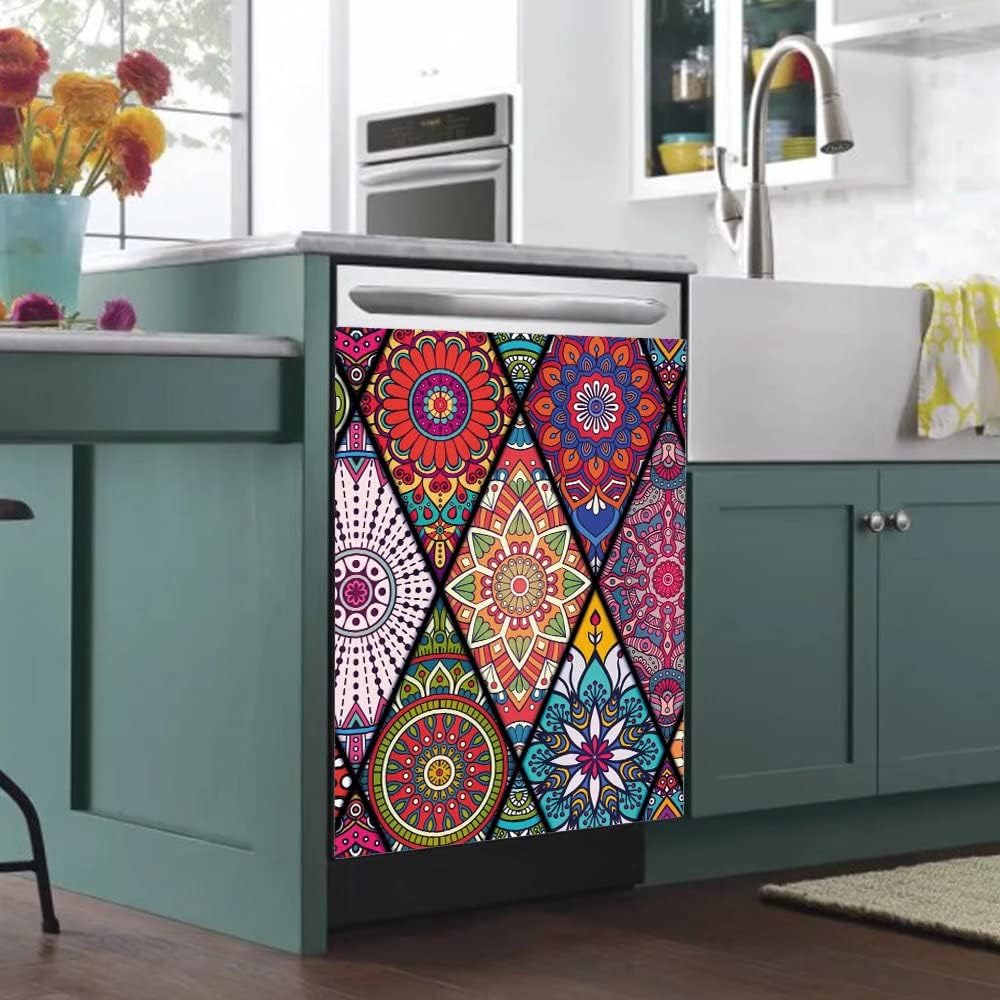Mandala Flower Dishwasher Magentic Cover, Beautiful Kitchen Decoration Bohemian Self Adhesive Magnet Refrigerator Decal, Home Appliances Magnet Panel 23inch W x 17inch H