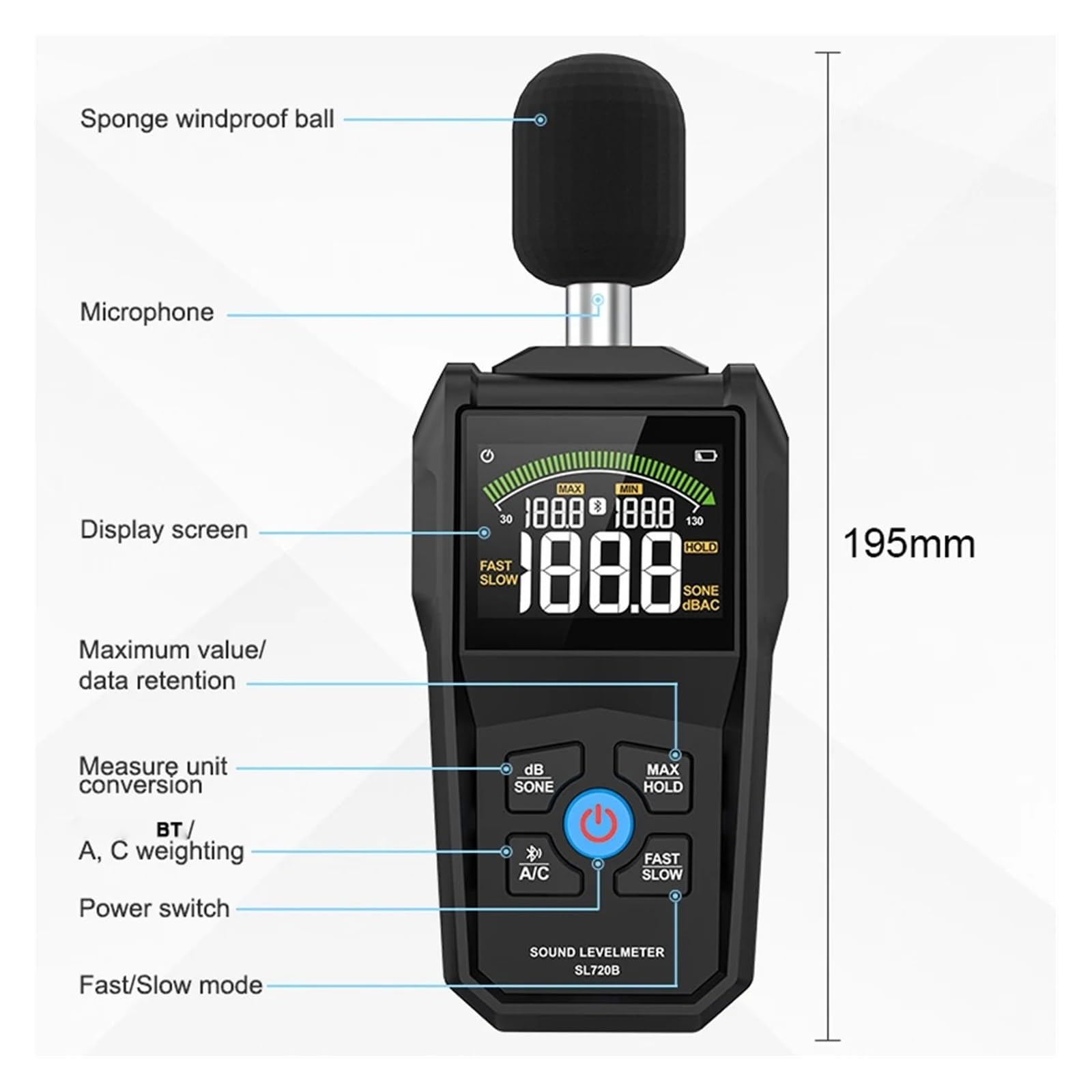 30–130 dB Geräuschpegelmesser-Display, Farb-Hintergrundbeleuchtung, schnelle und langsame Abtastrate, Kondensatormikrofon, Schallpegelmonitor