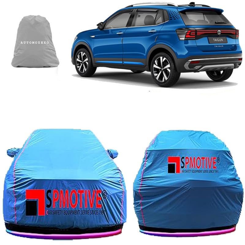 SPMOTIVE All Weather Protection Car Cover with Mirror Pocket, Anti Dust, Waterproof, Triple Stitched Fabric with Pipein Design, Elastic Hem Car Body Cover for Volkswagen Taigun (Color-Rubber Blue)