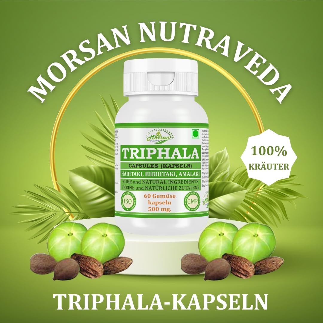 Triphala-Kapseln 500 mg. 60 Veganer. Einheiten | Amalaki (Emblica officinalis) Haritaki (Terminalia chebula) Bibhitaki (Terminalia belerica) Extrakt-Kapseln | 10:1 Stärke (2 Flasche mit 60 Kapseln)