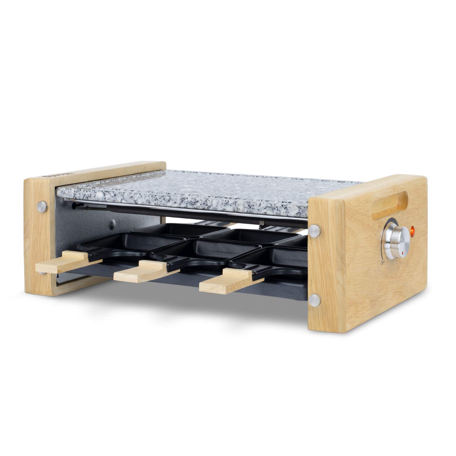 H.Koenig Apparecchio multifunzione per raclette 6 persone WOD6, Professionale, Raclette, Fonduta, Pietra di granito e legno naturale, Piastra rimovibile, 6 teglie e 6 spatole di legno, 900W