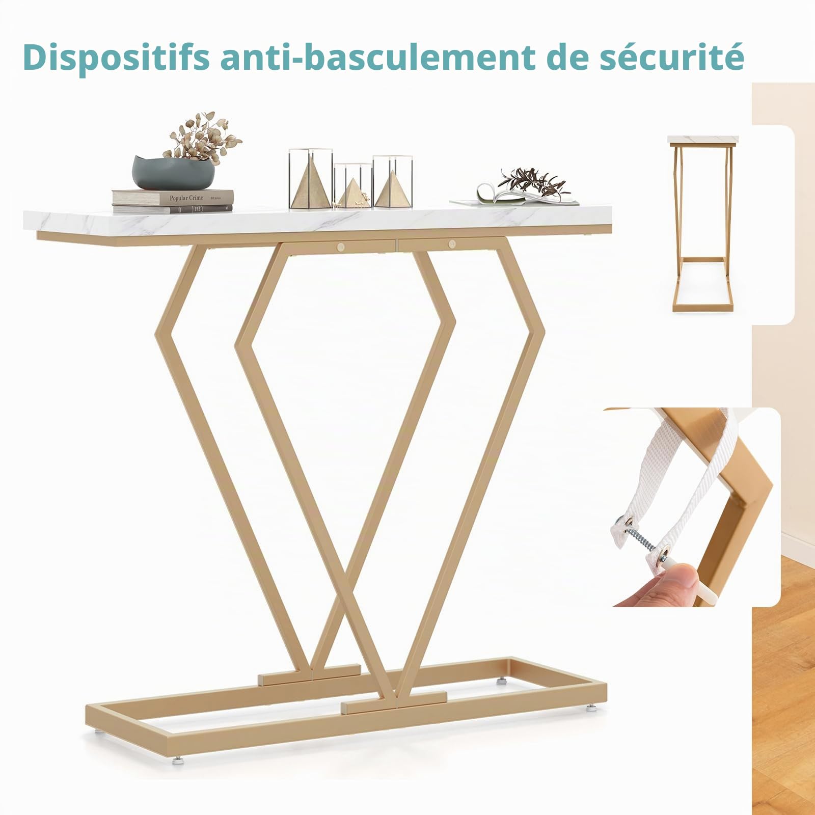 LIFEZEAL Table Console Plateau en Faux Marbre avec Cadre en Métal