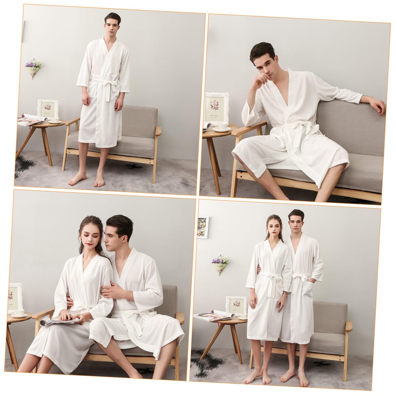 LIFKOME Peignoir Couple Homme à Manches 3/4 Respirant en Polyester Xl Blanc