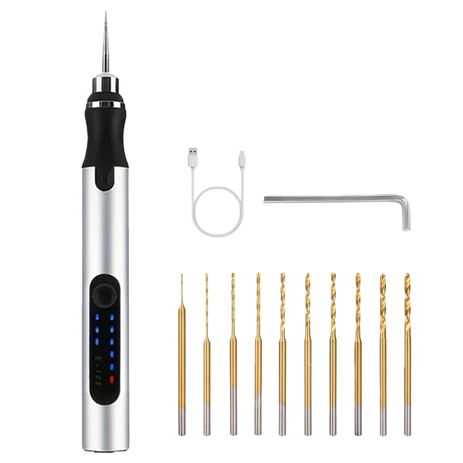 Mini trapano elettrico a mano a 3 marce, mini trapano elettrico ricaricabile, fai da te, con 10 punte, mini trapano per legno, resina, gioielli, plastica PCB in pelle (argento)
