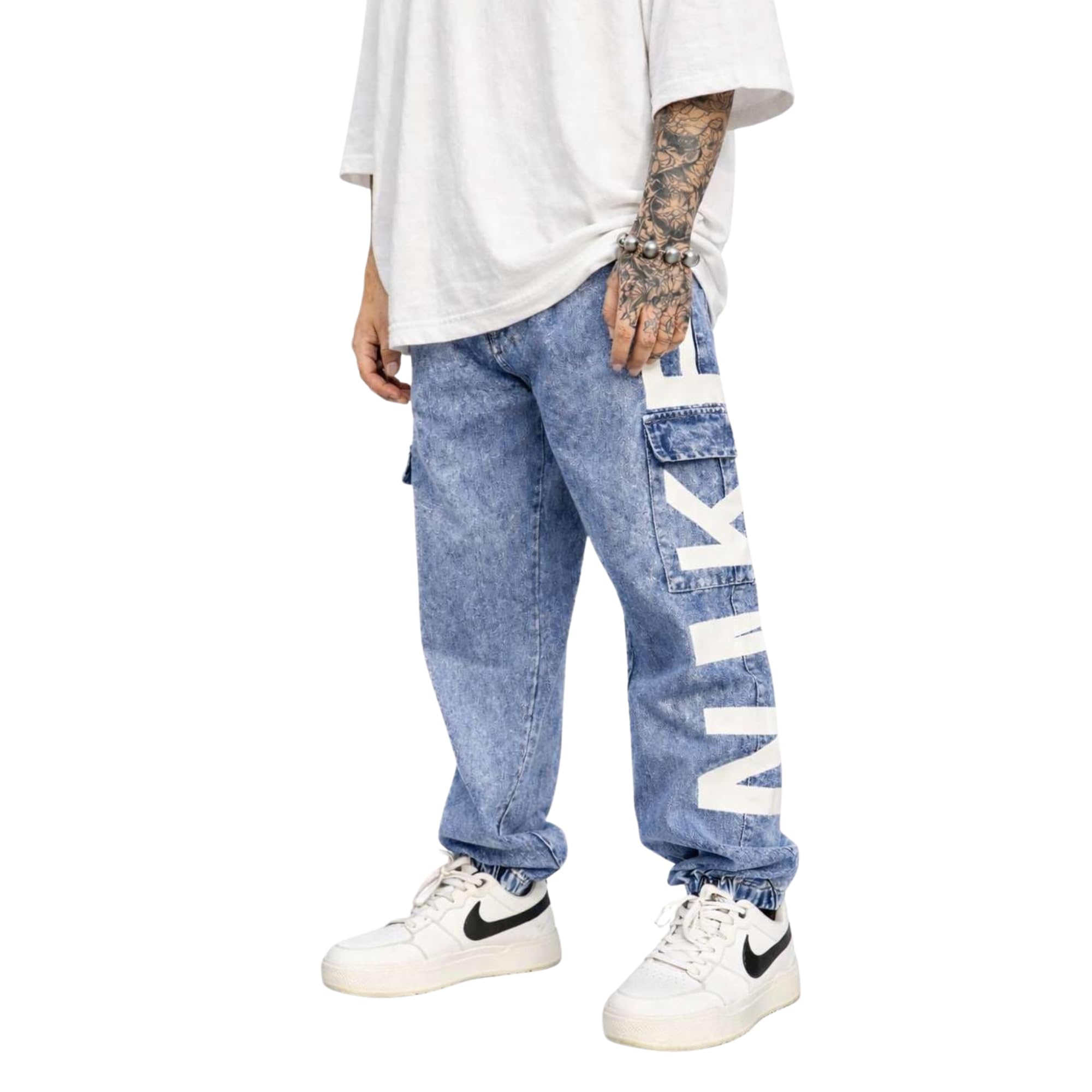 Mens Printed Cargo Jogger Jeans | Relaxed Fit Mid Rise Stretch Denim Pants | Streetwear Multi Pocket Cargo Jeans with Elastic Cuff | Button & Zip Closure-image-3