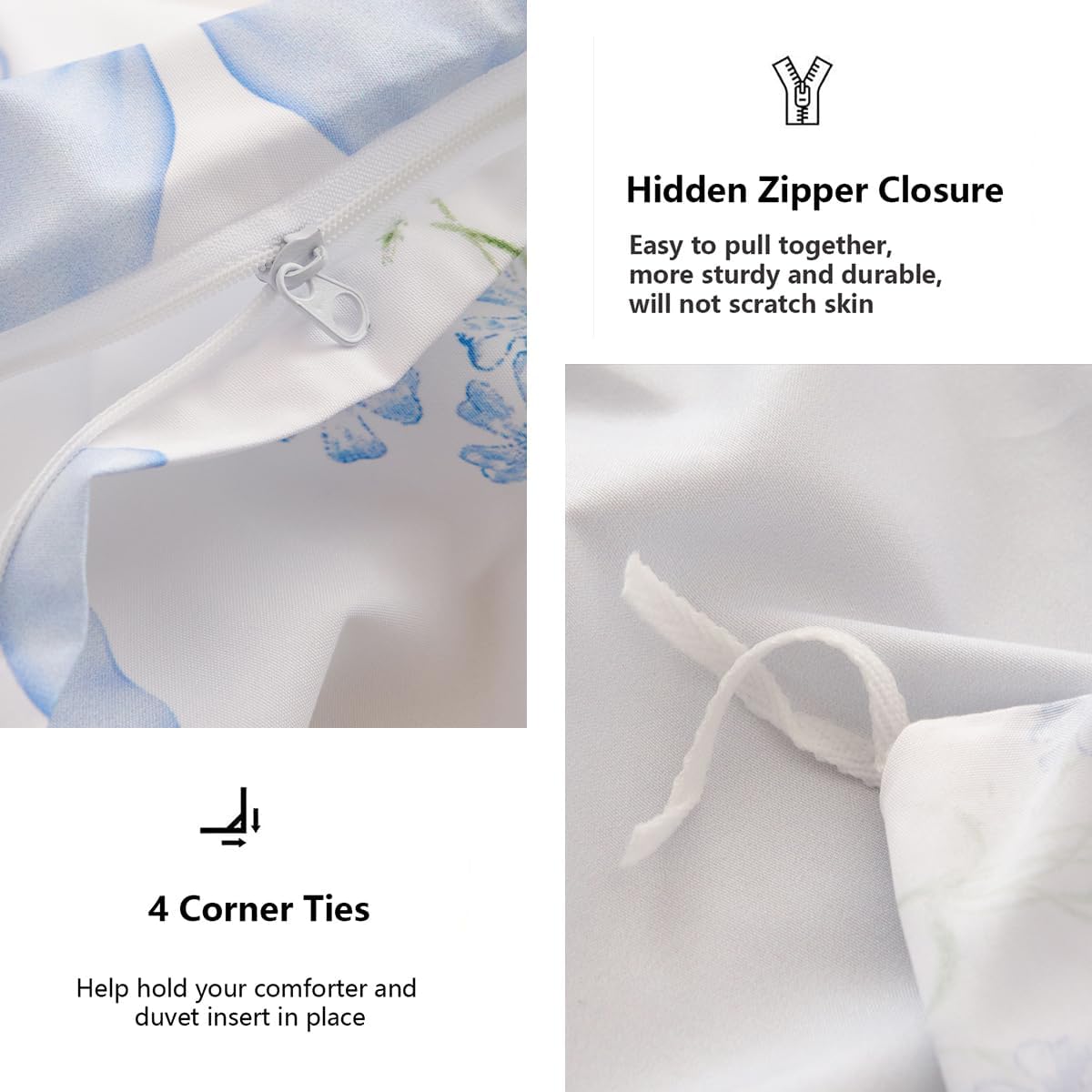 Bow Bedding Duvet Cover Full Kids Girls Blue Floral Duvet Cover Set Romantic Princess Style Bowknot Bedding Set Ultra Soft Reversible Garden Flower Comforter Cover 3 Pieces - Image 7