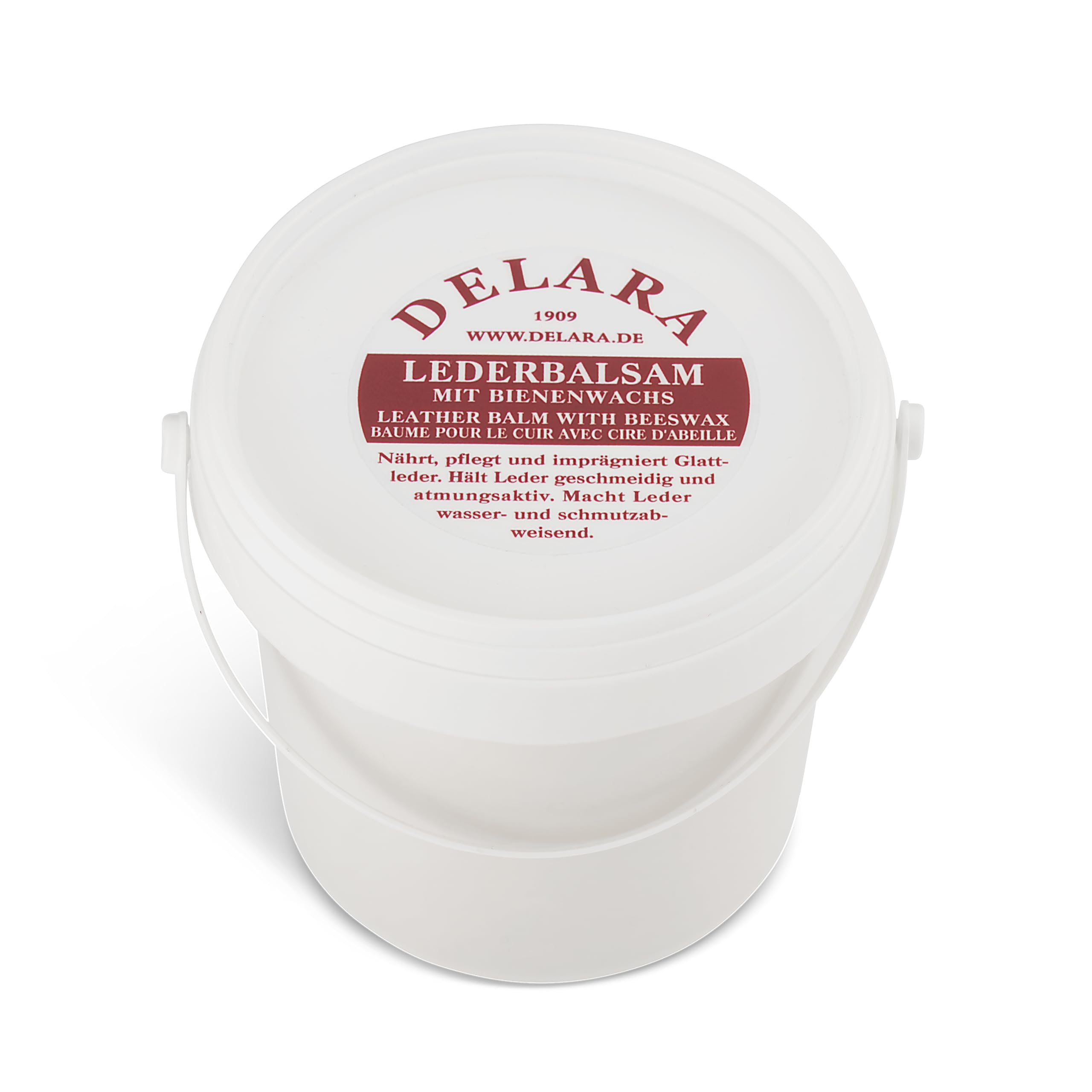 DELARA Bálsamo de cuero transparente, con cera de abeja de alta calidad, hace que el cuero sea flexible y resistente al agua, 500 ml en cubo, fabricado en Alemania