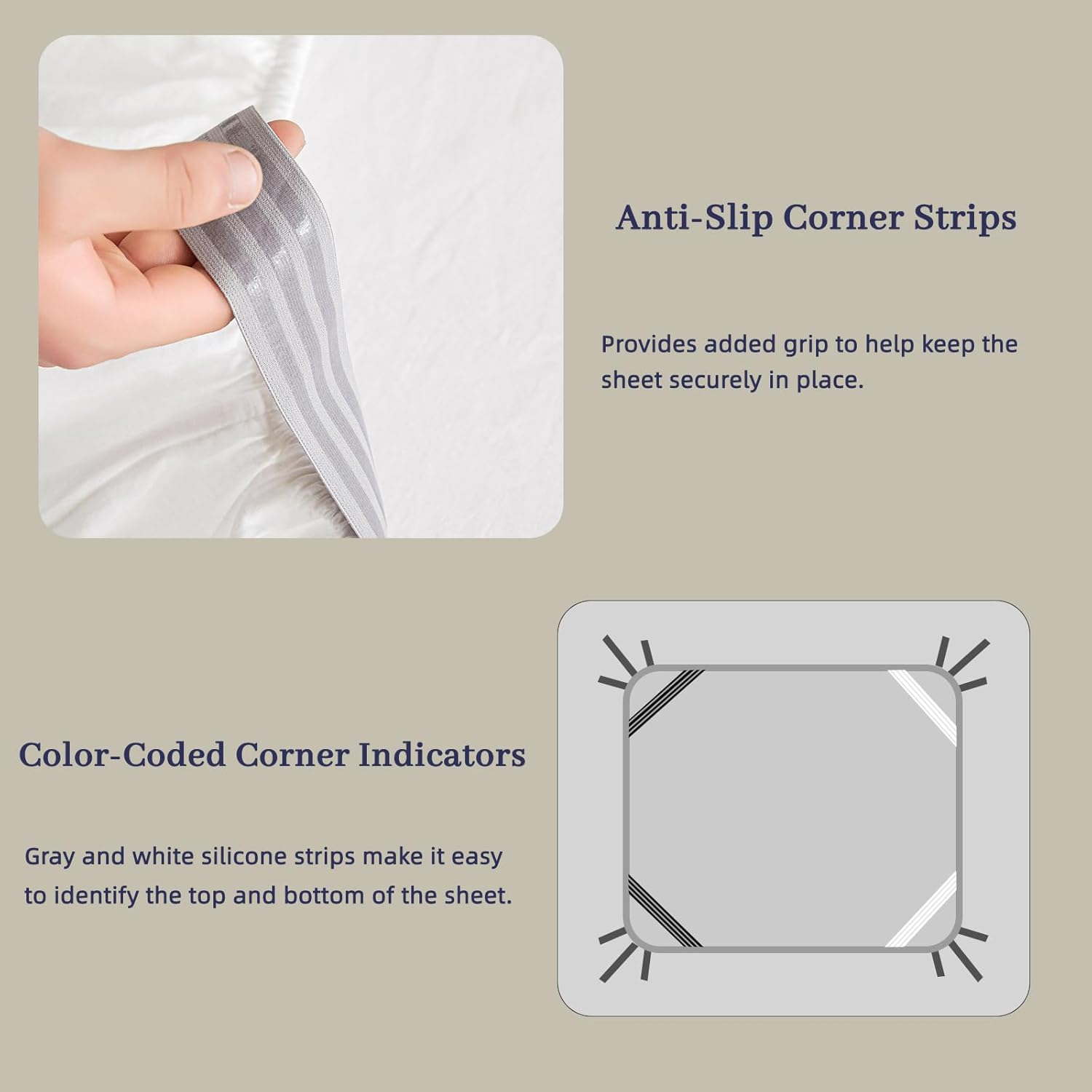 Cotton Sateen Fitted Sheet, Deep Pocket with Silicone Grip, Color-Banded Corners, Smooth & Comfortable, by DUVVÉ (Queen)
