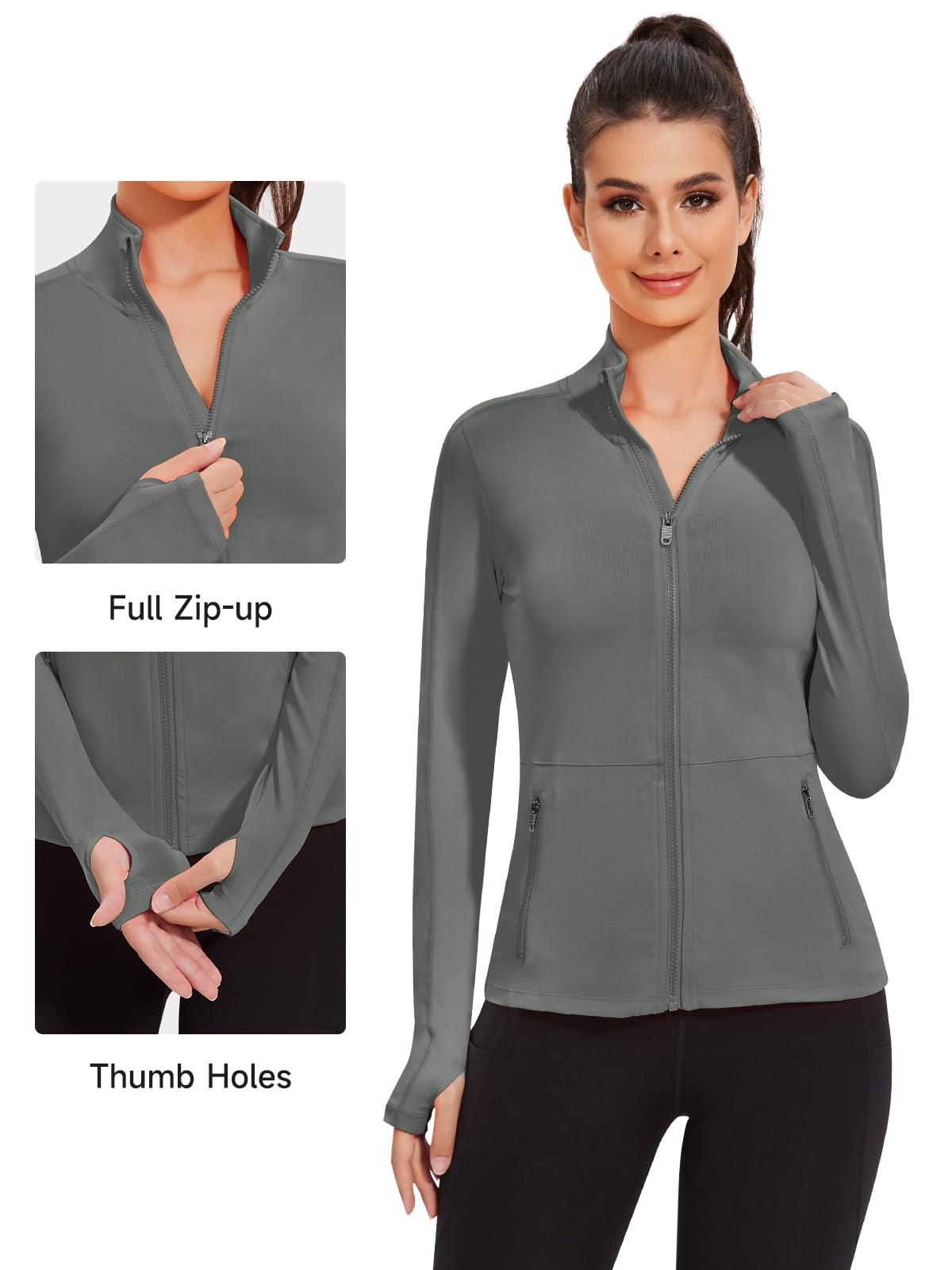 VUTRU Veste de course à pied pour femme - Veste de sport - Manches longues - Veste respirante avec poches - Trous pour les pouces avec fermeture éclair