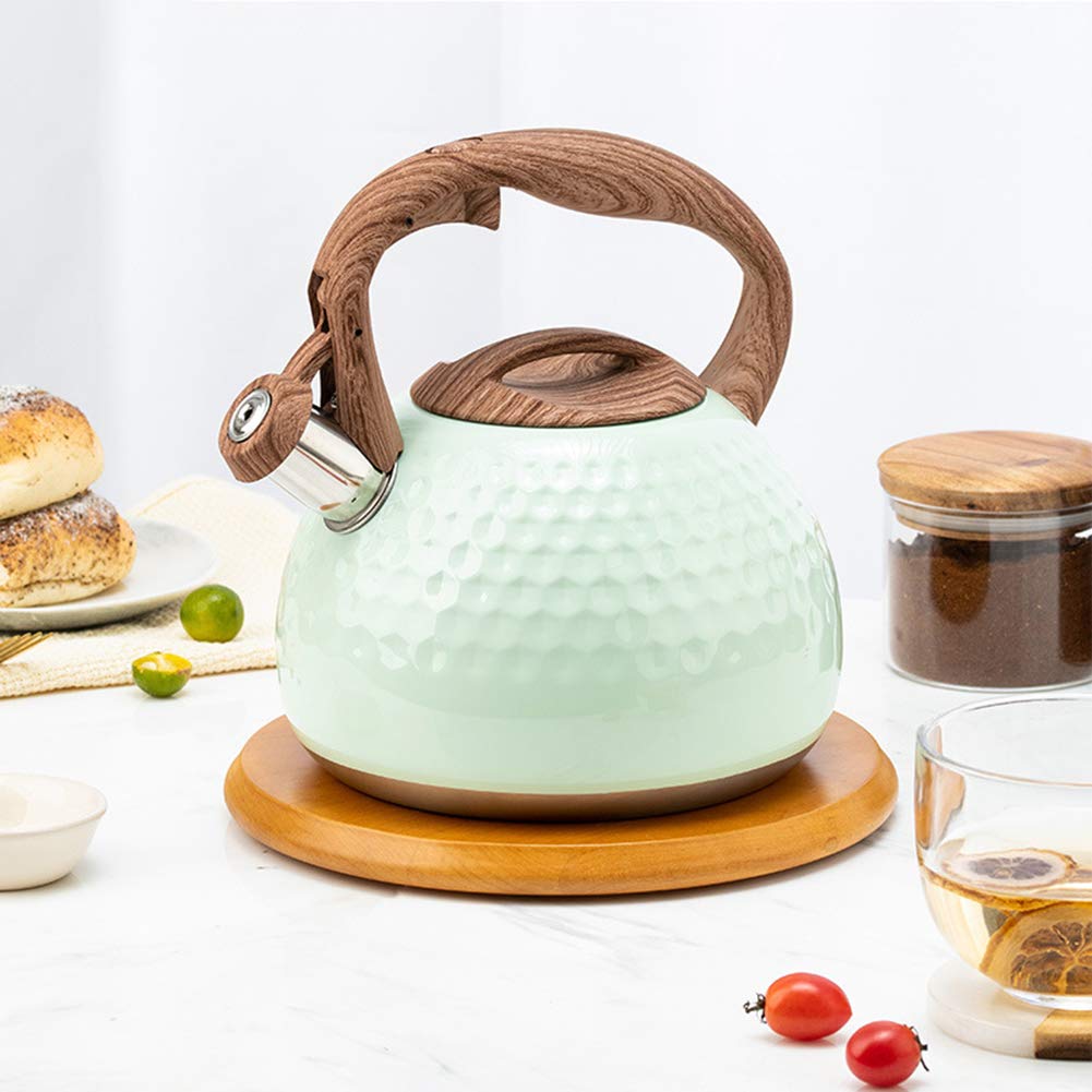 Hervidor Con Silbato De Acero Inoxidable, 2.8L Tetera Con Silbido, Hervidor De Fondo Plano Con Mango De Grano De Madera, Para Estufa, Placa De Inducción Eléctrica De Gas (Verde)