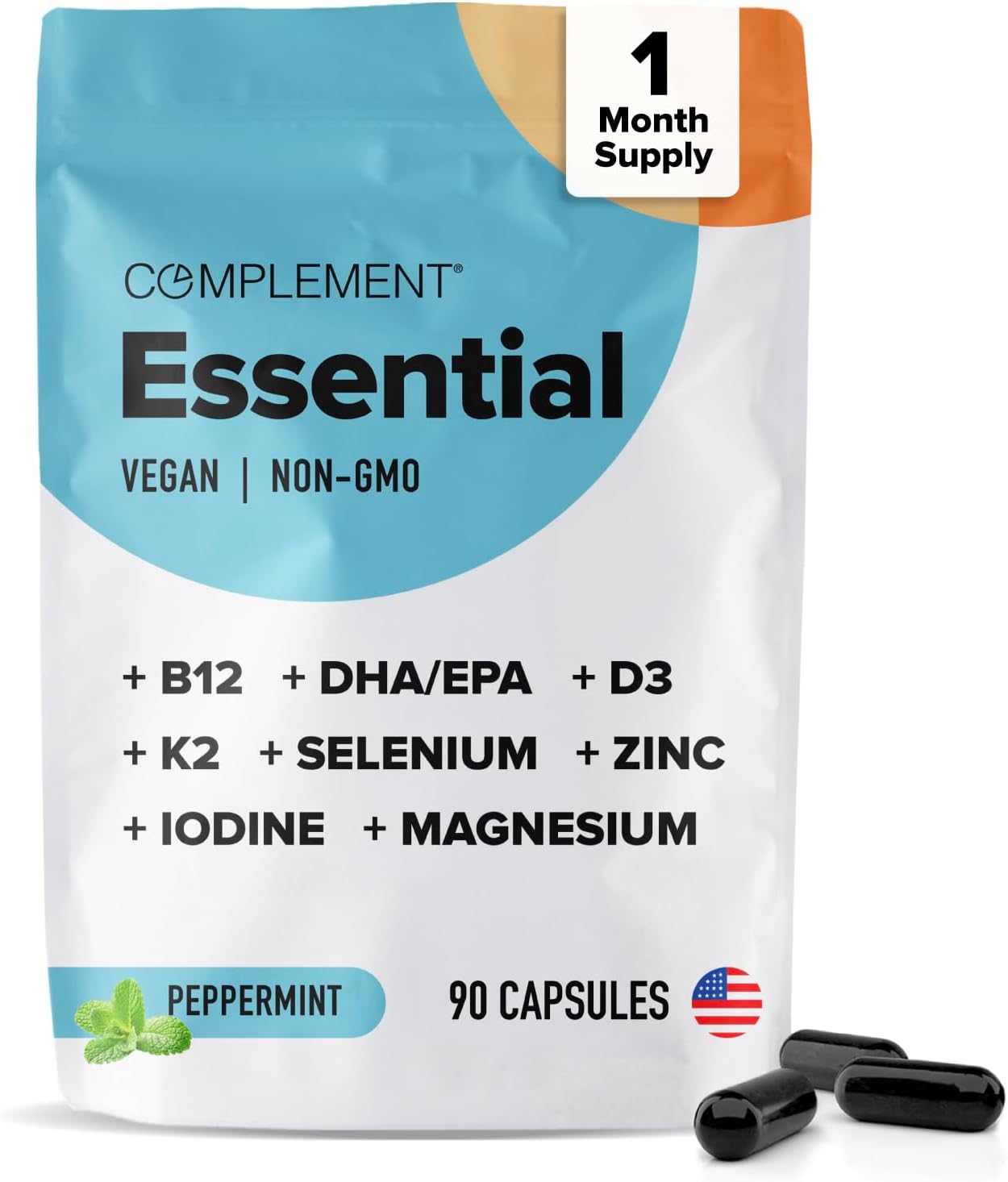 Complement Essential Vegan Multivitamin for Men & Women (30 Servings, 90 Capsules) with Omega-3 DHA & EPA, B12, Vitamin D3 & K2, Zinc, Selenium, Magnesium, Iodine - Supports Immunity & Overall Health