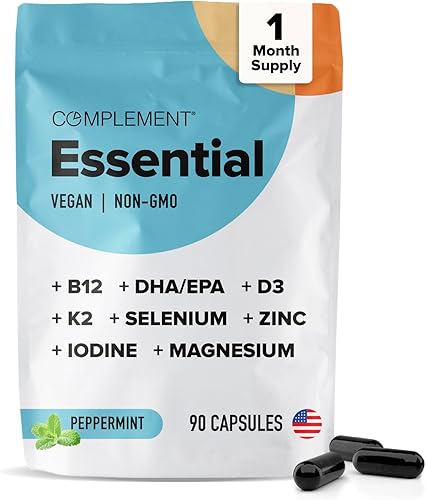Complement Multivitamínicos veganos para mujeres y hombres, Omega 3 DHA+EPA, vitamina B12, vitamina D3 K2, zinc, selenio, magnesio, suplemento de