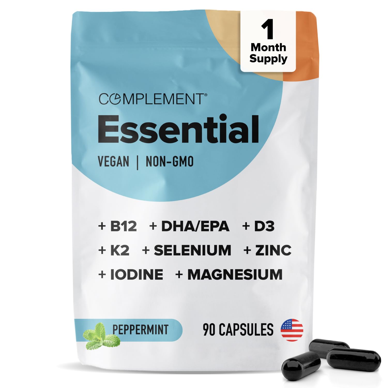 Complement Essential Vegan Multivitamin for Men & Women (30 Servings, 90 Capsules) with Omega-3 DHA & EPA, B12, Vitamin D3 & K2, Zinc, Selenium, Magnesium, Iodine - Supports Immunity & Overall Health