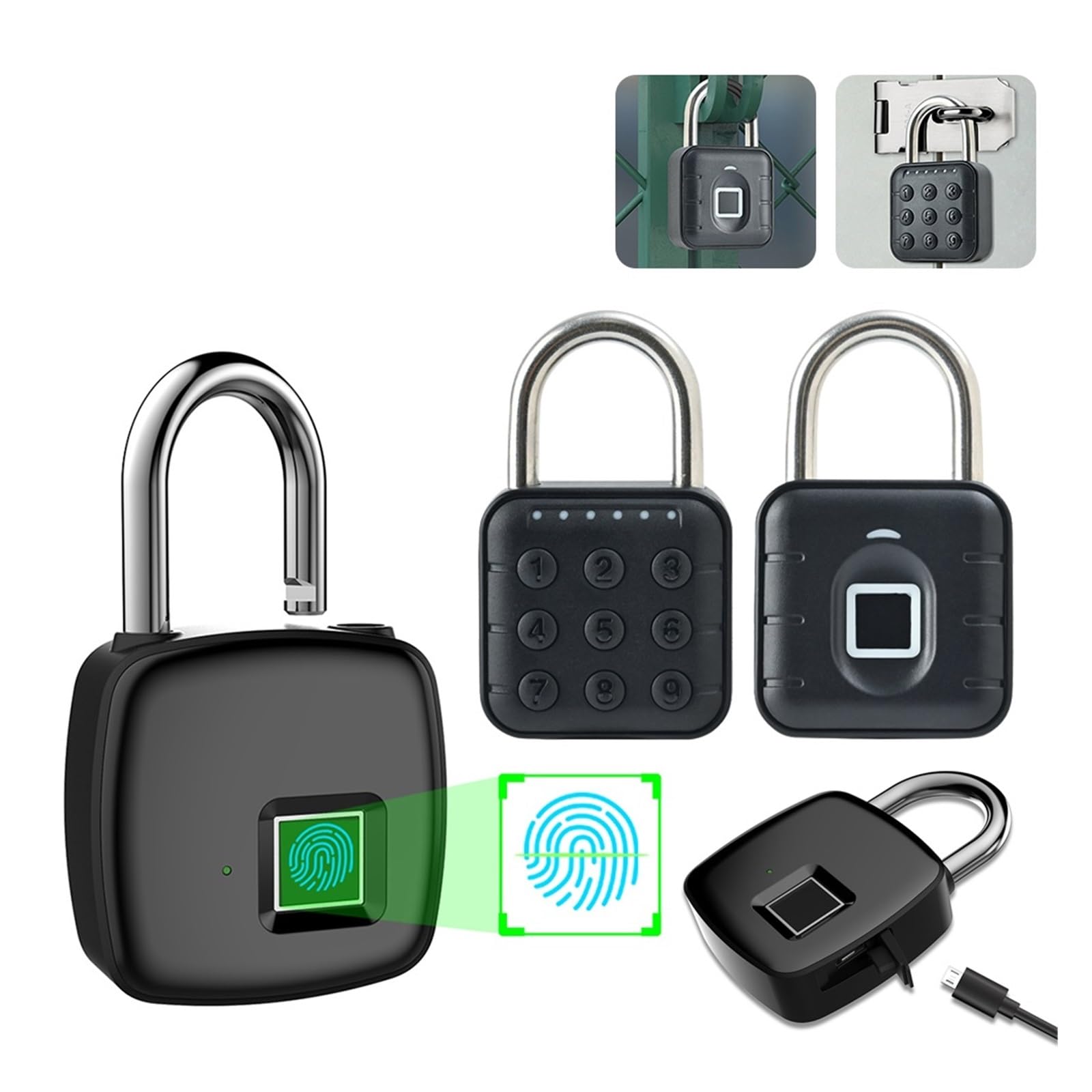 Kłódka antykradzieżowa, bezkluczowa kłódka na odcisk palca, biometryczny wodoodporny akumulator USB IP54 do domowych akademików(Black L34)